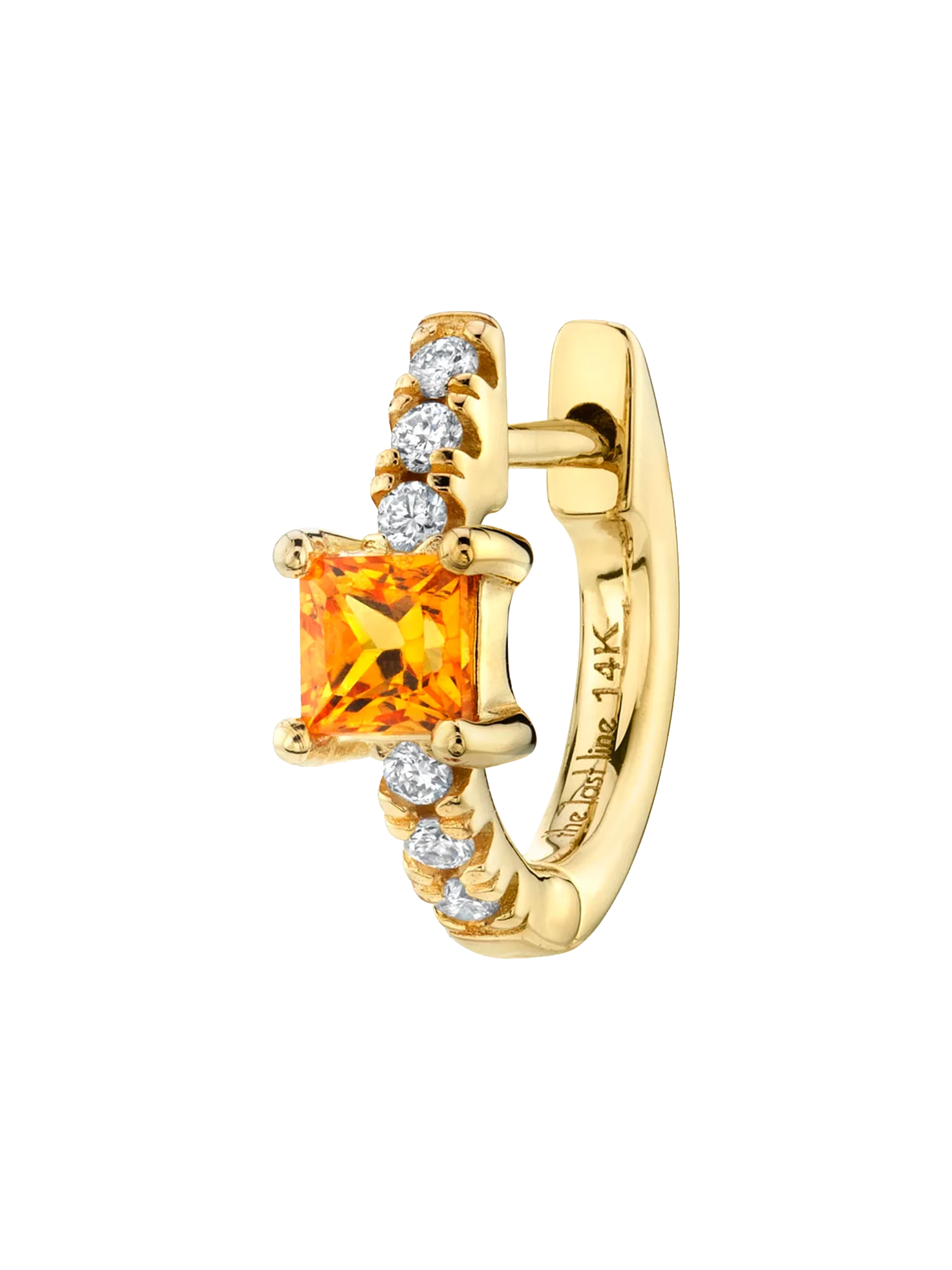 Princess Solitaire Pav��| Huggie - White Diamond and Orange Sapphire / 14k Yellow Gold