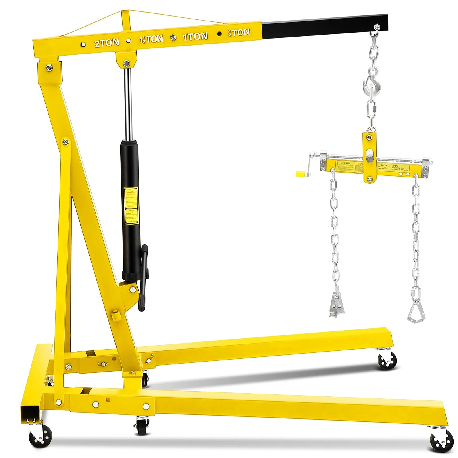 Garvee 2-Ton Folding Hydraulic Engine Hoist - Heavy-Duty Engine Crane with Leveler, Telescopic Boom, and 6 Casters for Garage, Workshop, and Warehouse, Yellow