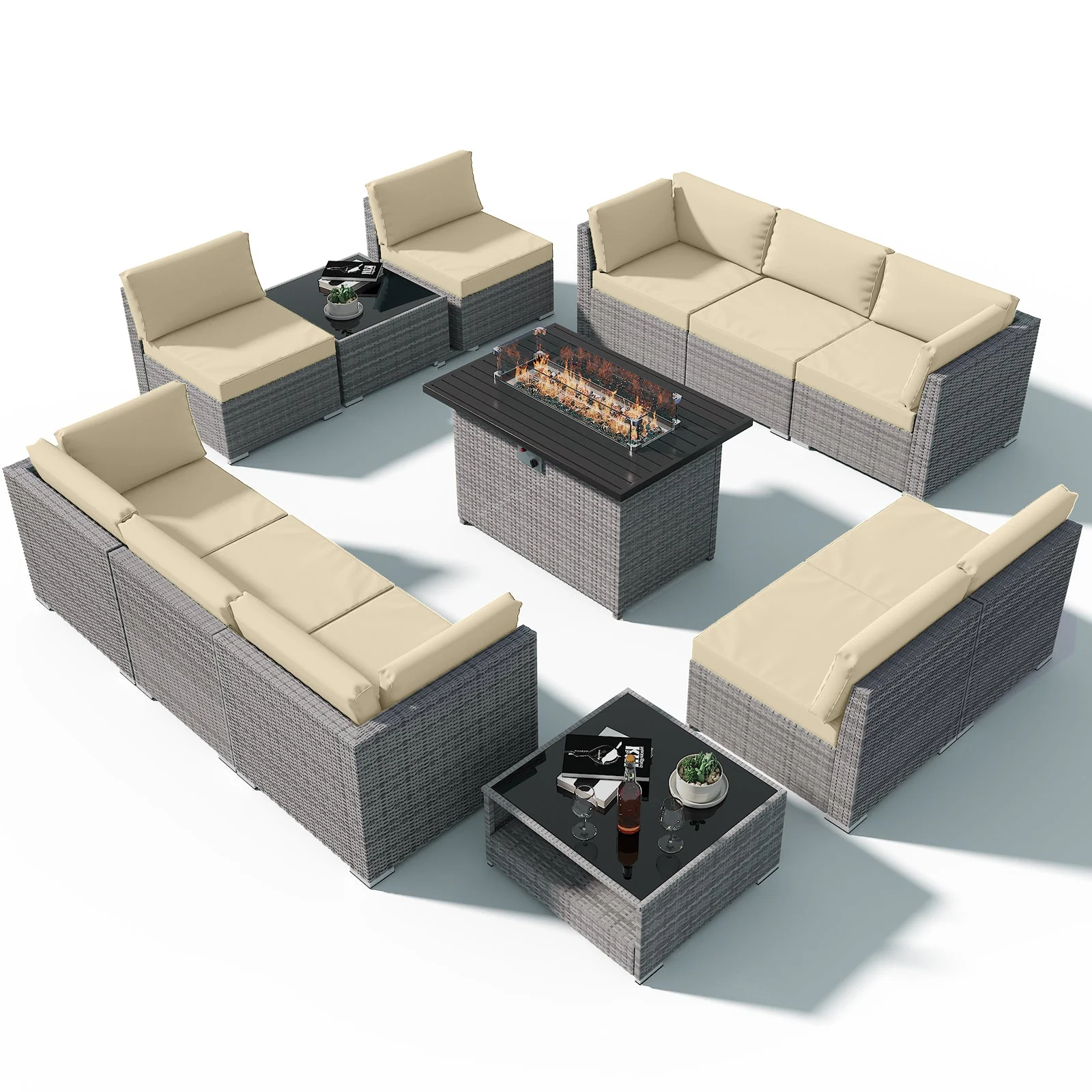 13 Piece Outdoor Wicker Patio Furniture Set with Fire Table and 2 Coffee Tables with Seating for 10 People