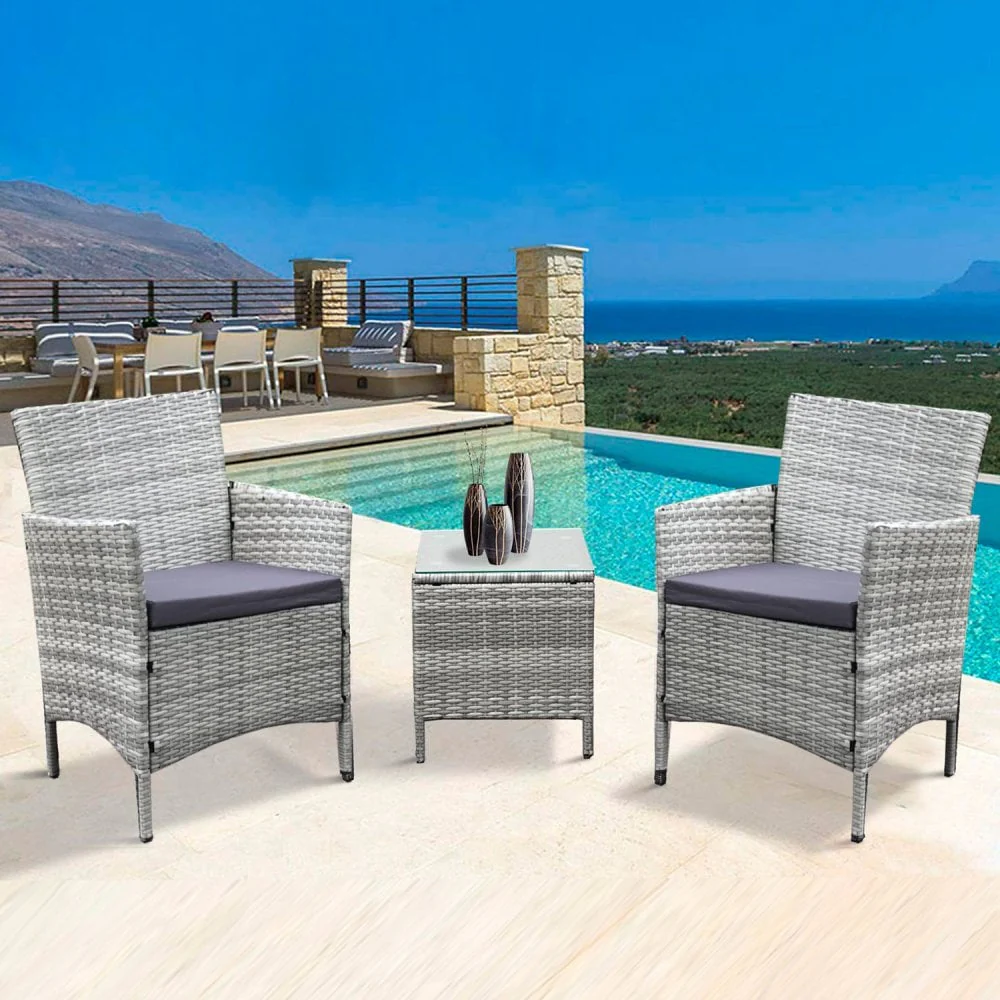 Neo Grey 3 Piece Rattan Table and Chairs Garden Furniture Bistro Set