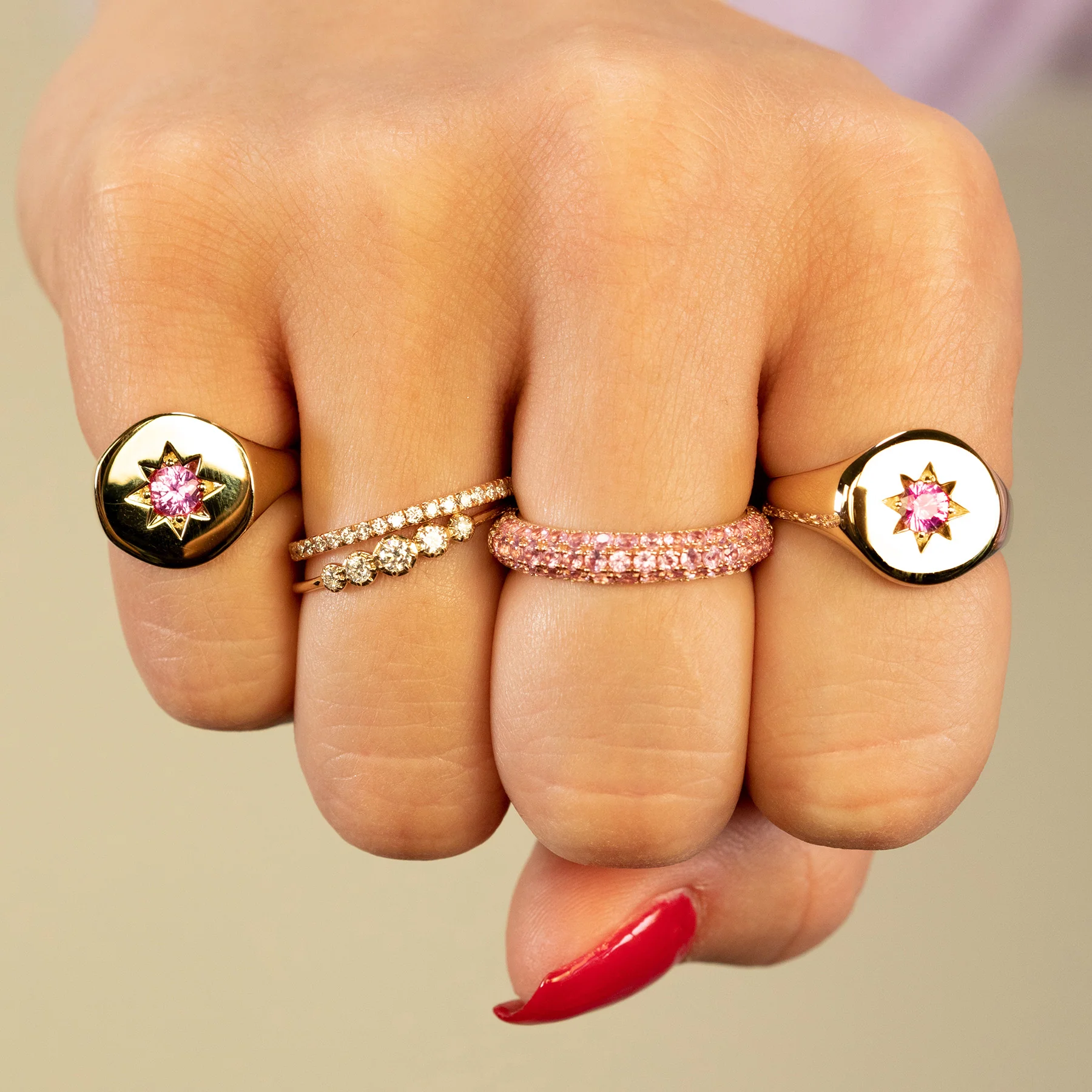 Star Set Signet Ring - Pink Sapphire / 14k Yellow Gold