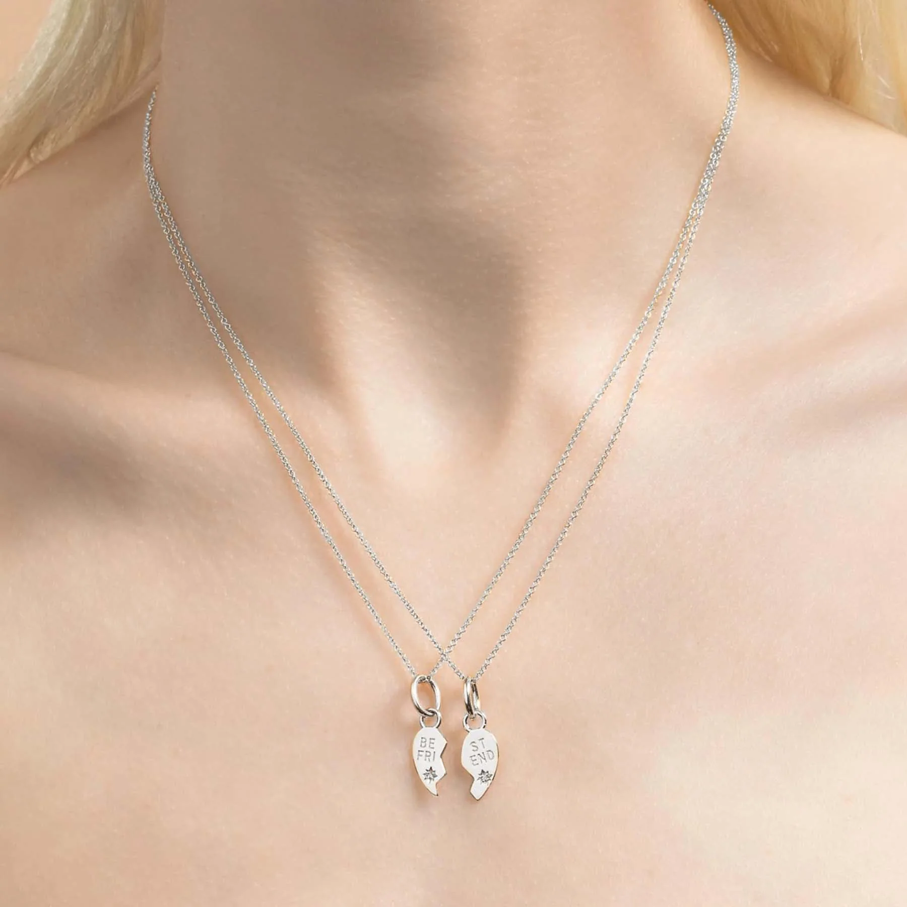 Best Friends Heart Pendant Set - White Diamond / 14k White Gold