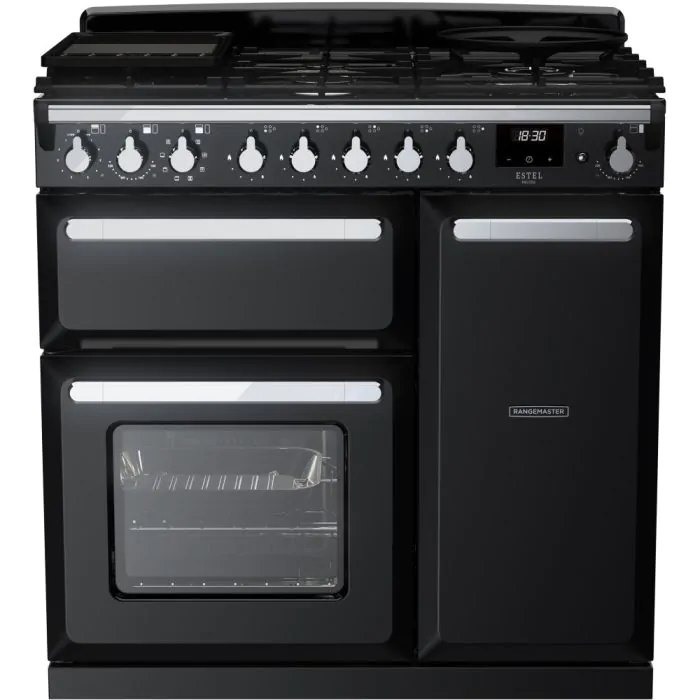 Rangemaster Estel Deluxe 90cm Dual Fuel Range Cooker Black/Chrome | ESDL90DFPGBL/CM1