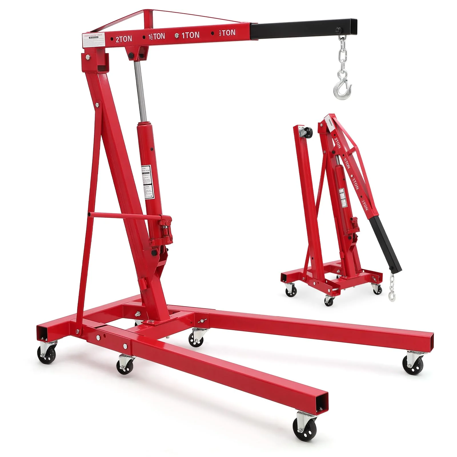 Garvee 2-Ton Folding Engine Hoist - Cherry Picker Hydraulic Shop Crane with 4400 lbs Capacity, Red