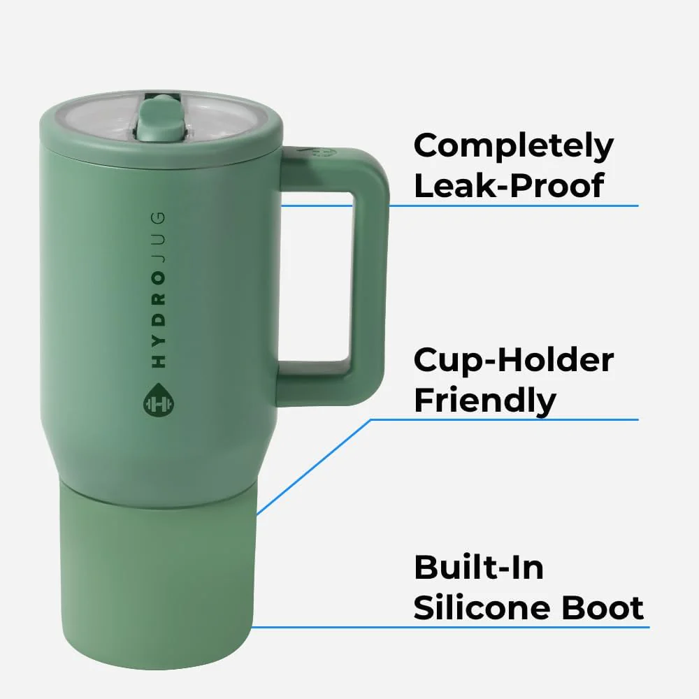 40 oz Water Bottle with Handle & Flip Straw - Fits in Cup Holder, Leak Resistant Tumbler-Reusable Insulated Stainless Steel & Rubber Base