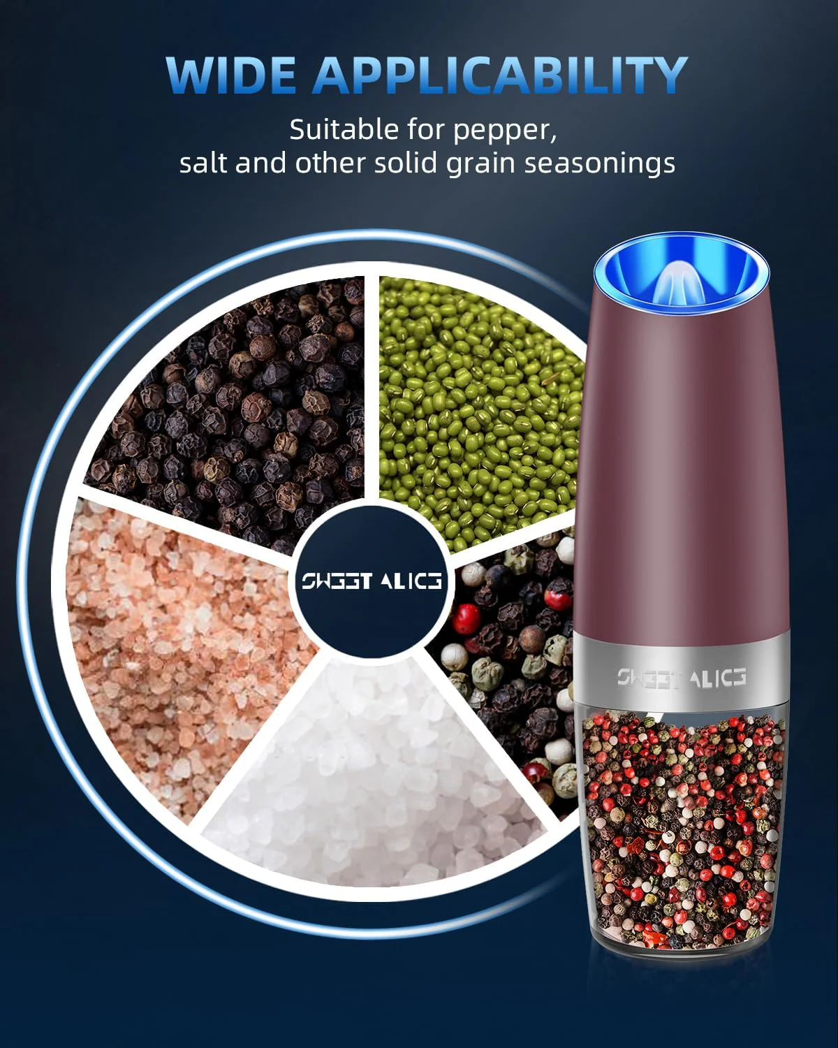 Electric Salt & Pepper Grinder Set, Adjustable Coarseness, LED, One-Hand Use, Stainless Steel 2-Pack