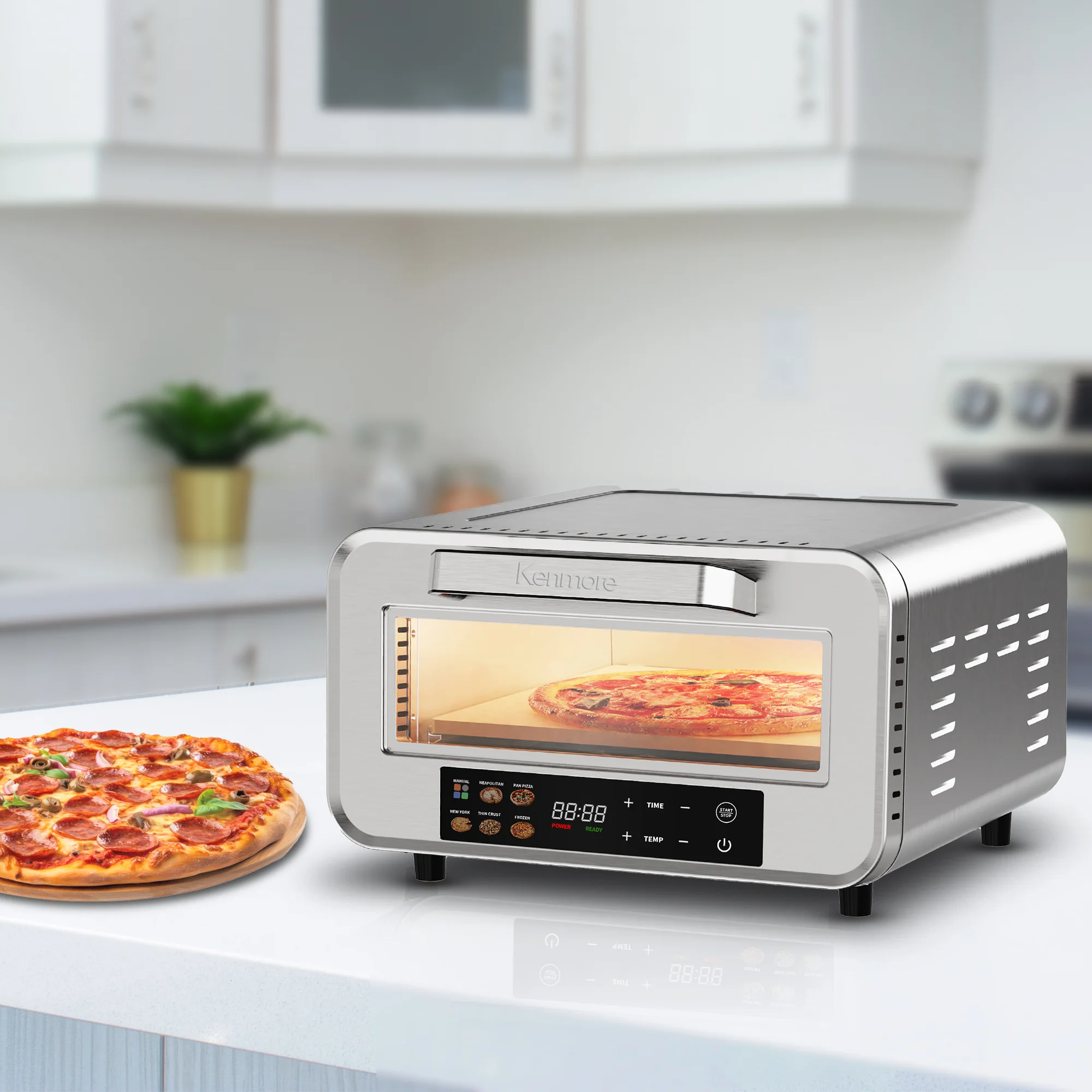 Kenmore Indoor Electric Pizza Oven - Cook 12鈥?Pizza In Minutes | Heats To 750掳F For Wood Fired Taste | Portable Countertop Pizza Maker | 5 One-Touch Presets | Pizza Stone & Peel | Stainless Steel