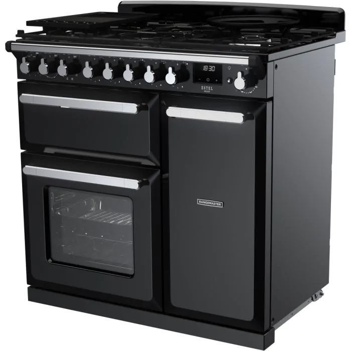 Rangemaster Estel Deluxe 90cm Dual Fuel Range Cooker Black/Chrome | ESDL90DFPGBL/CM1
