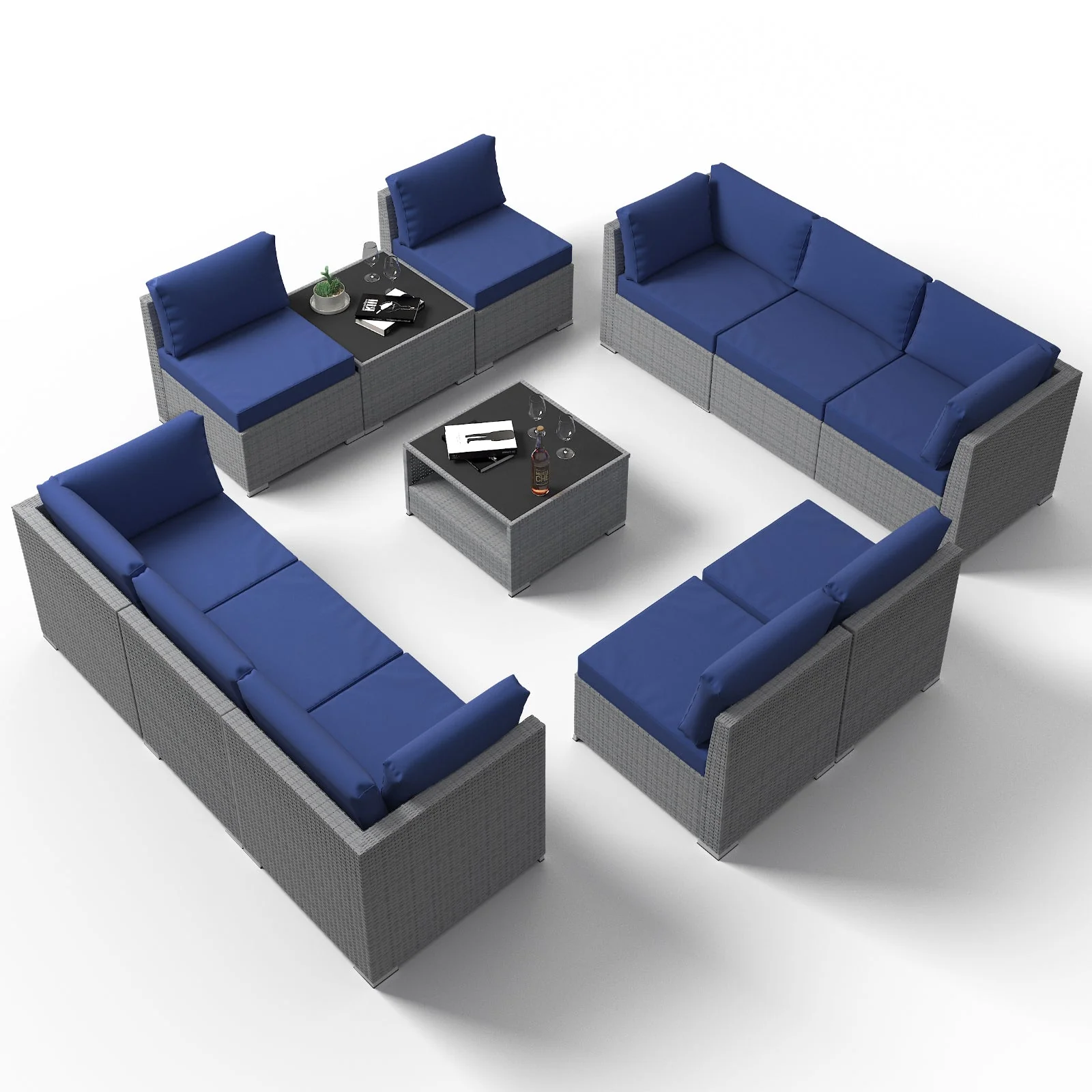 12 Piece Outdoor Wicker Patio Furniture Set with 2 Coffee Tables for 10 People