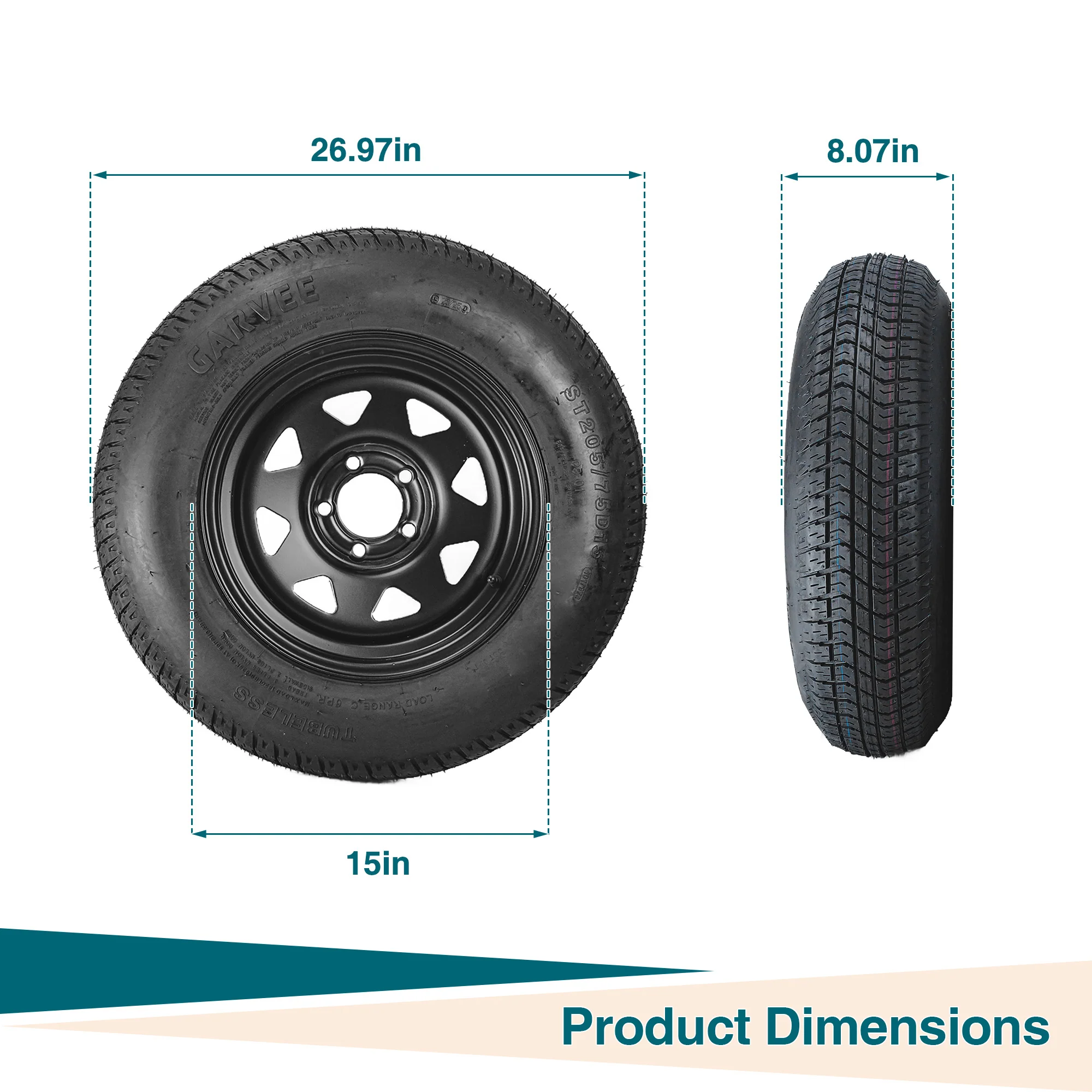 Garvee 2-Pack Trailer Tire On Rim ST205/75D15 15In Black 5 Lug 4.5