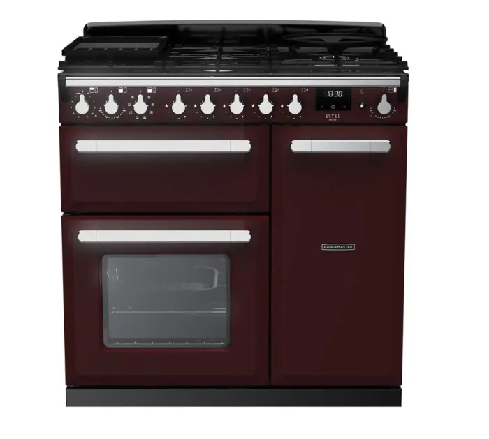 Rangemaster Estel Deluxe 90cm Dual Fuel Range Cooker | Bordeaux/Chrome | ESDL90DFPBOR/CM1