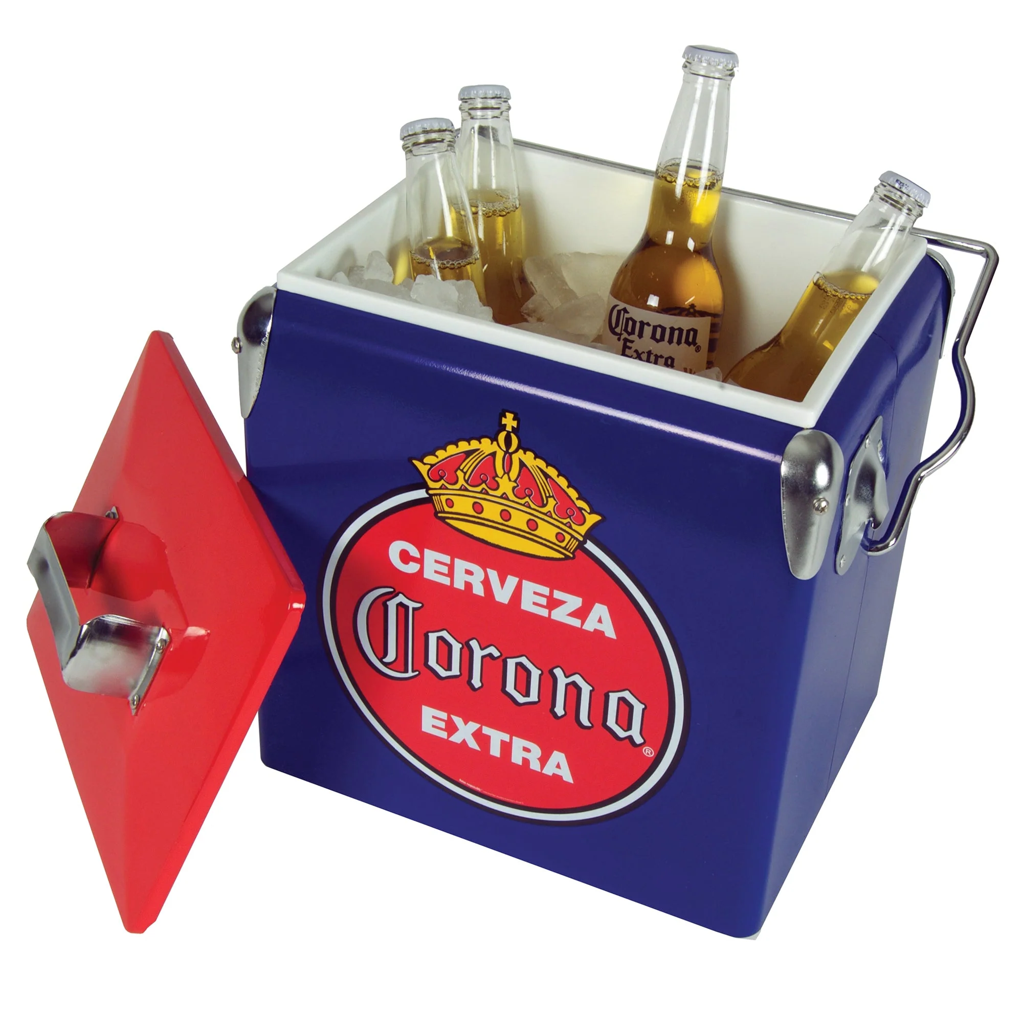Corona Retro Ice Chest Cooler with Bottle Opener 13L (14 qt), 18 Can Capacity, Blue and Red, Vintage Style Ice Bucket for Camping, Beach, Picnic, RV, BBQs, Tailgating, Fishing