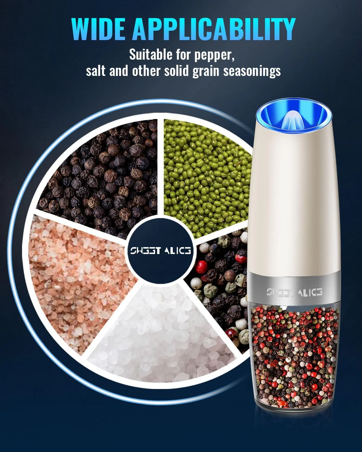 Electric Salt & Pepper Grinder Set, Adjustable Coarseness, LED, One-Hand Use, Stainless Steel 2-Pack