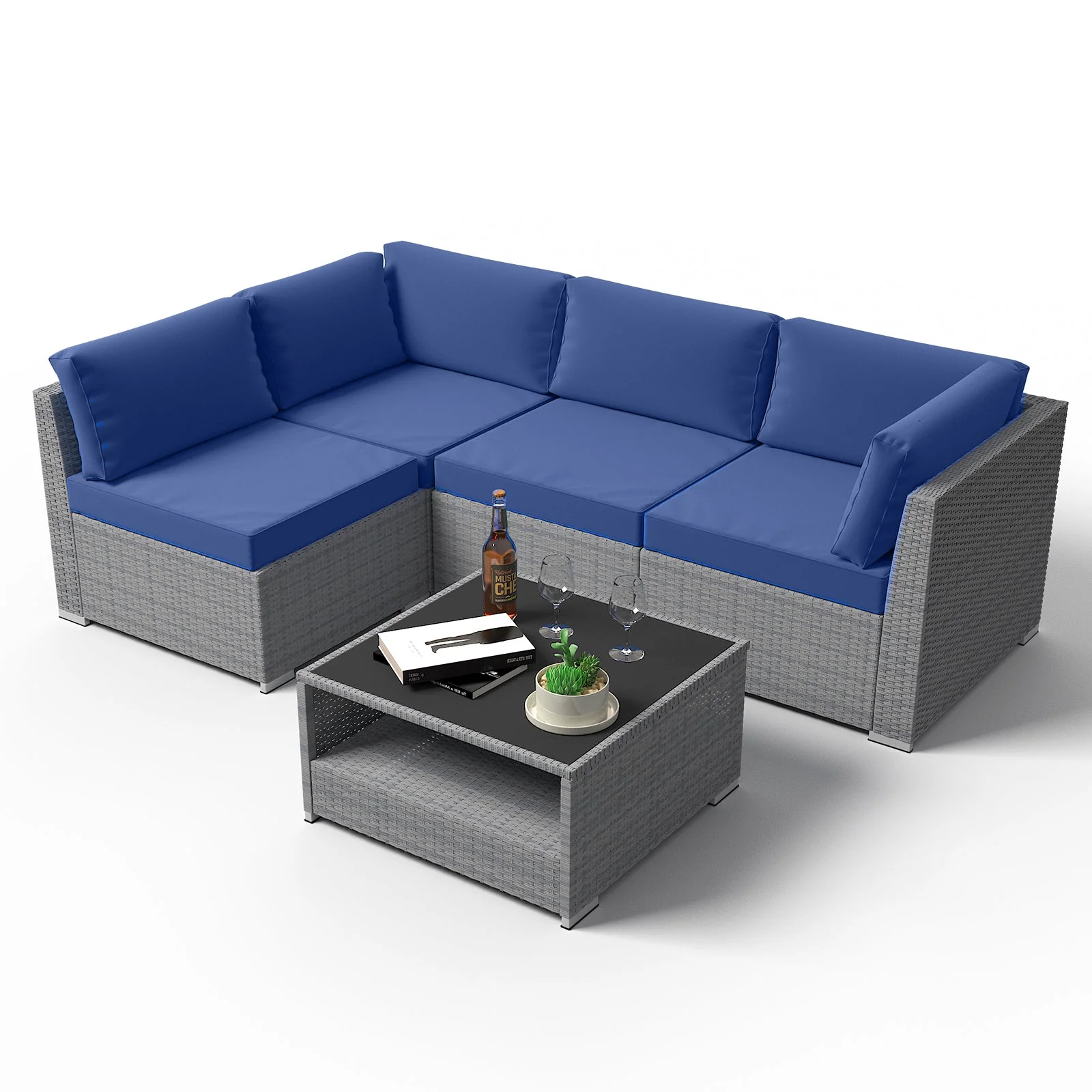 5 Piece Outdoor Wicker Patio Furniture Set with Coffee Table for 4 People