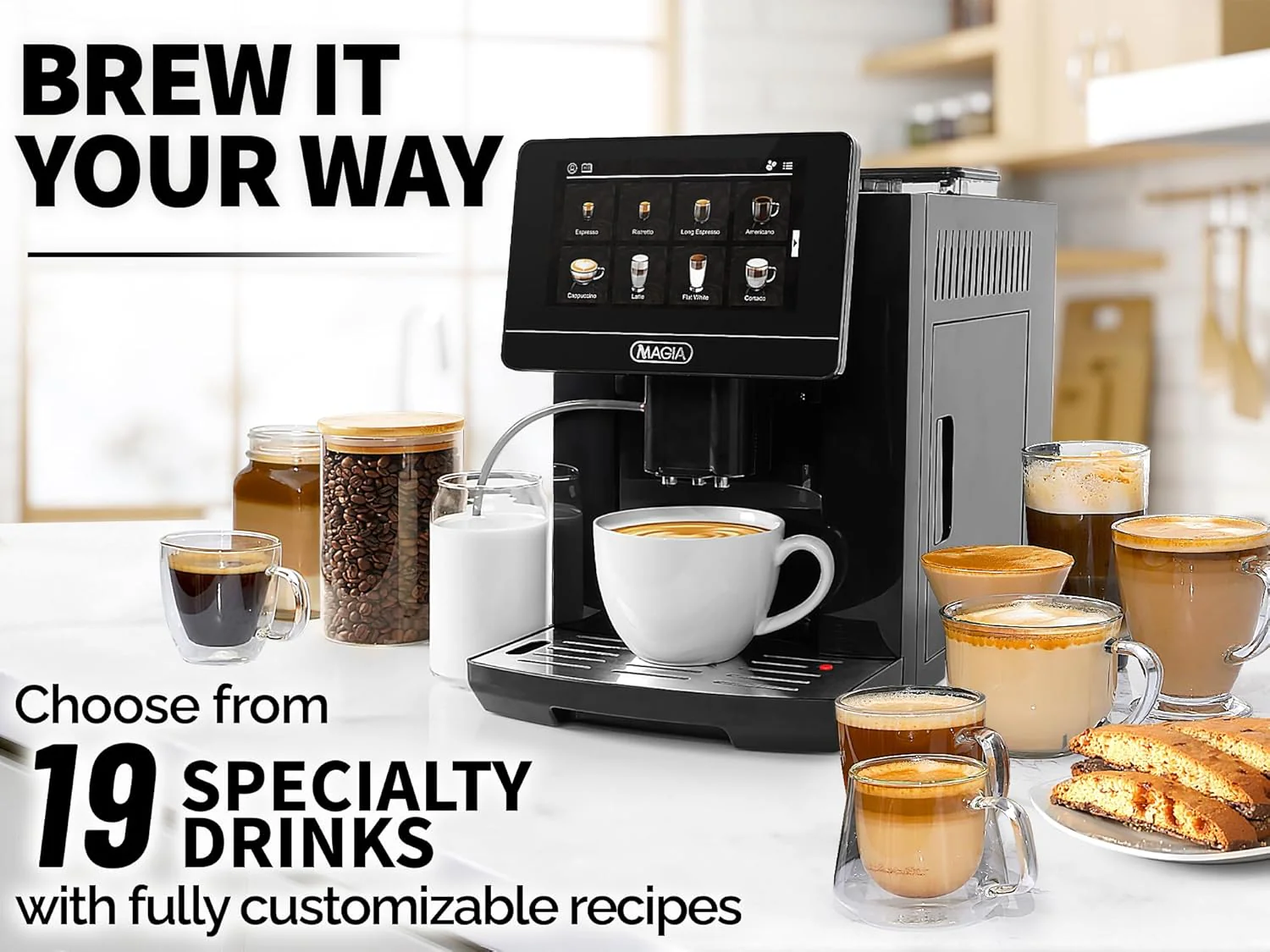 Automatic Coffee Espresso Machine With Grinder 7” Touch Screen, 20 Coffee Recipes, 10 User Profiles
