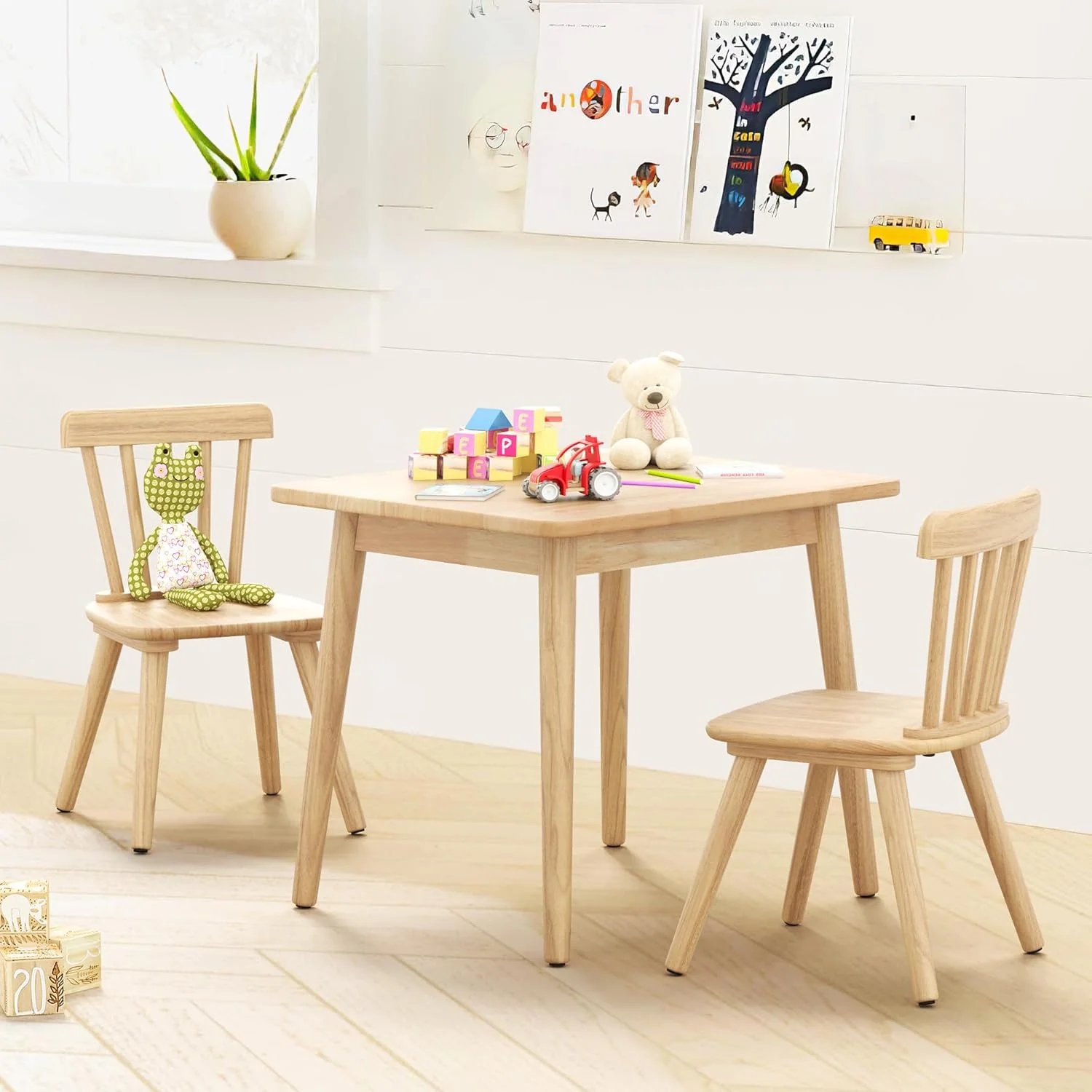 Kids Table and Chair Set - Rubberwood with Non-Slip Legs and Round Edges