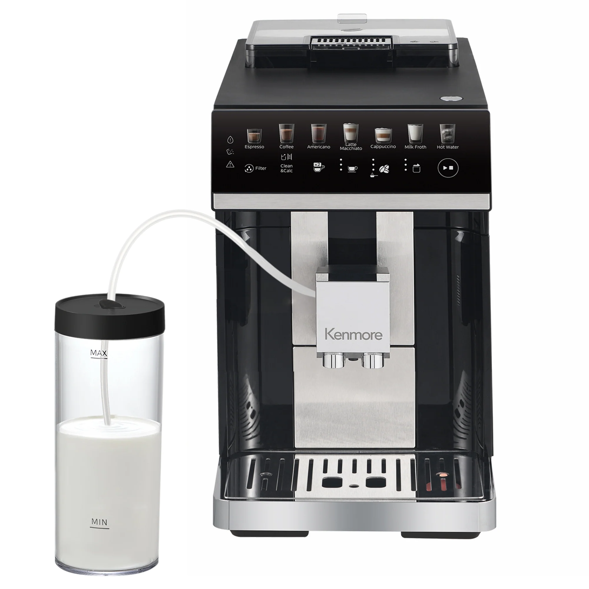 Kenmore Super Automatic Espresso Coffee Machine | Dual Cream System Milk Frother & Grinder | Full Color Touchscreen | One-Touch Cappuccino Latte Macchiato | 15 Bar Fully Automatic Coffeemaker | Black