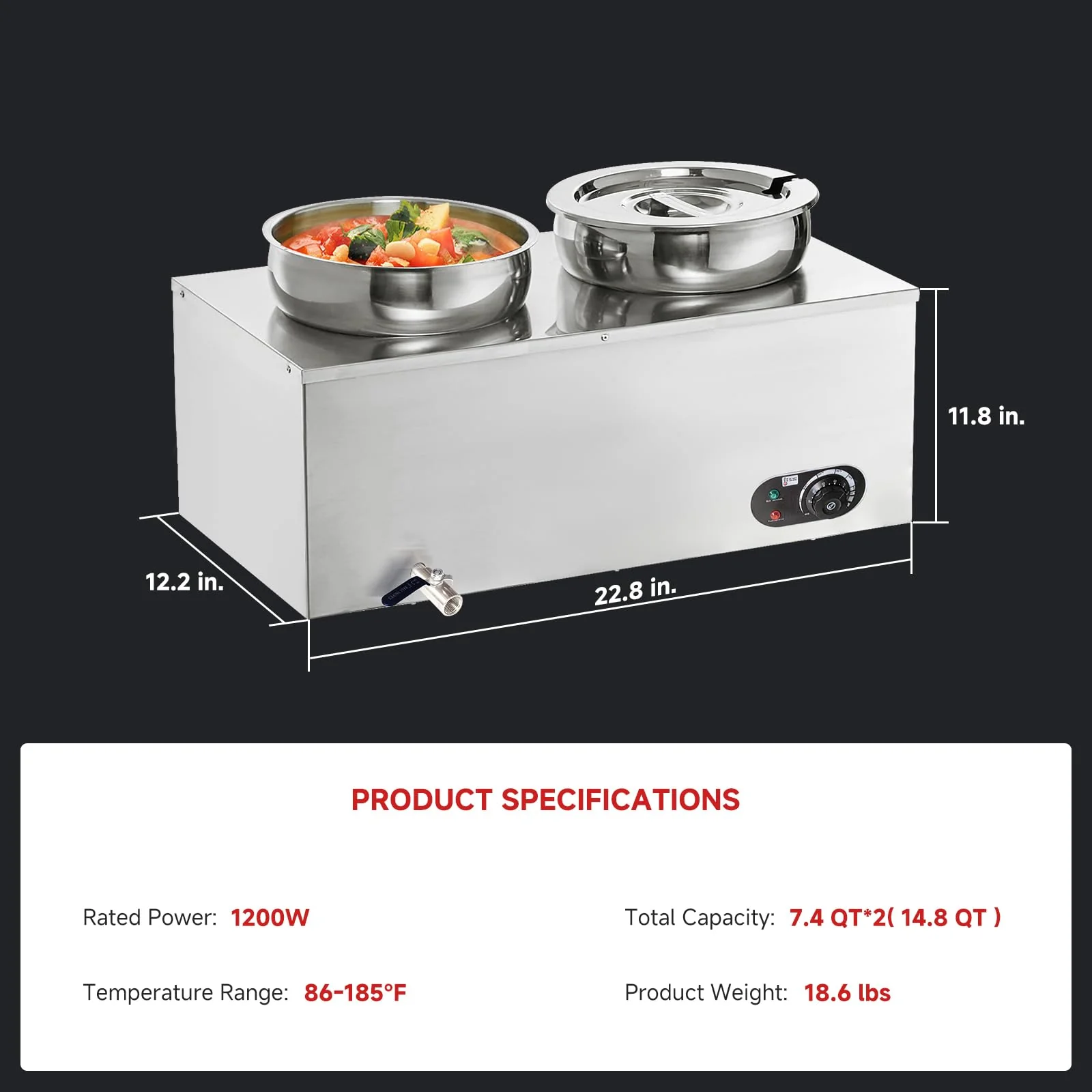 Garvee 2*7.4QT Commercial Soup Warmer 1200W Commercial Bain Marie, Steam Table Food Warmer Electric Countertop Station with Large Stainless Steel 2X7.4QT Round Pots 86-185°F for Restaurants, Parties, Buffets