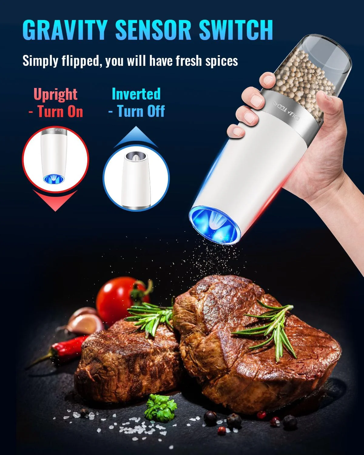 Electric Salt & Pepper Grinder Set, Adjustable Coarseness, LED, One-Hand Use, Stainless Steel 2-Pack