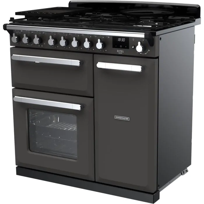 Rangemaster Estel Deluxe 90cm Dual Fuel Range Cooker Slate/Chrome | ESDL90DFPSLT/CM1