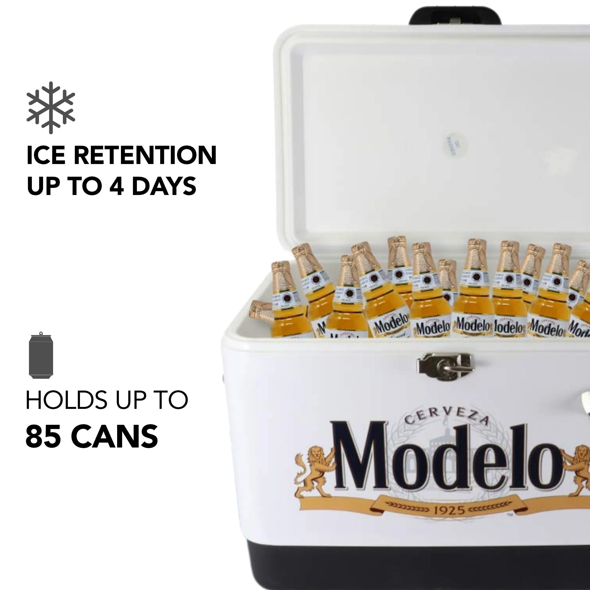Modelo Ice Chest Beverage Cooler with Bottle Opener, 51L (54 qt), 85 Can Steel-Belted Portable Cooler, White and Black, for Camping, Beach, RV, BBQs, Tailgating, Fishing