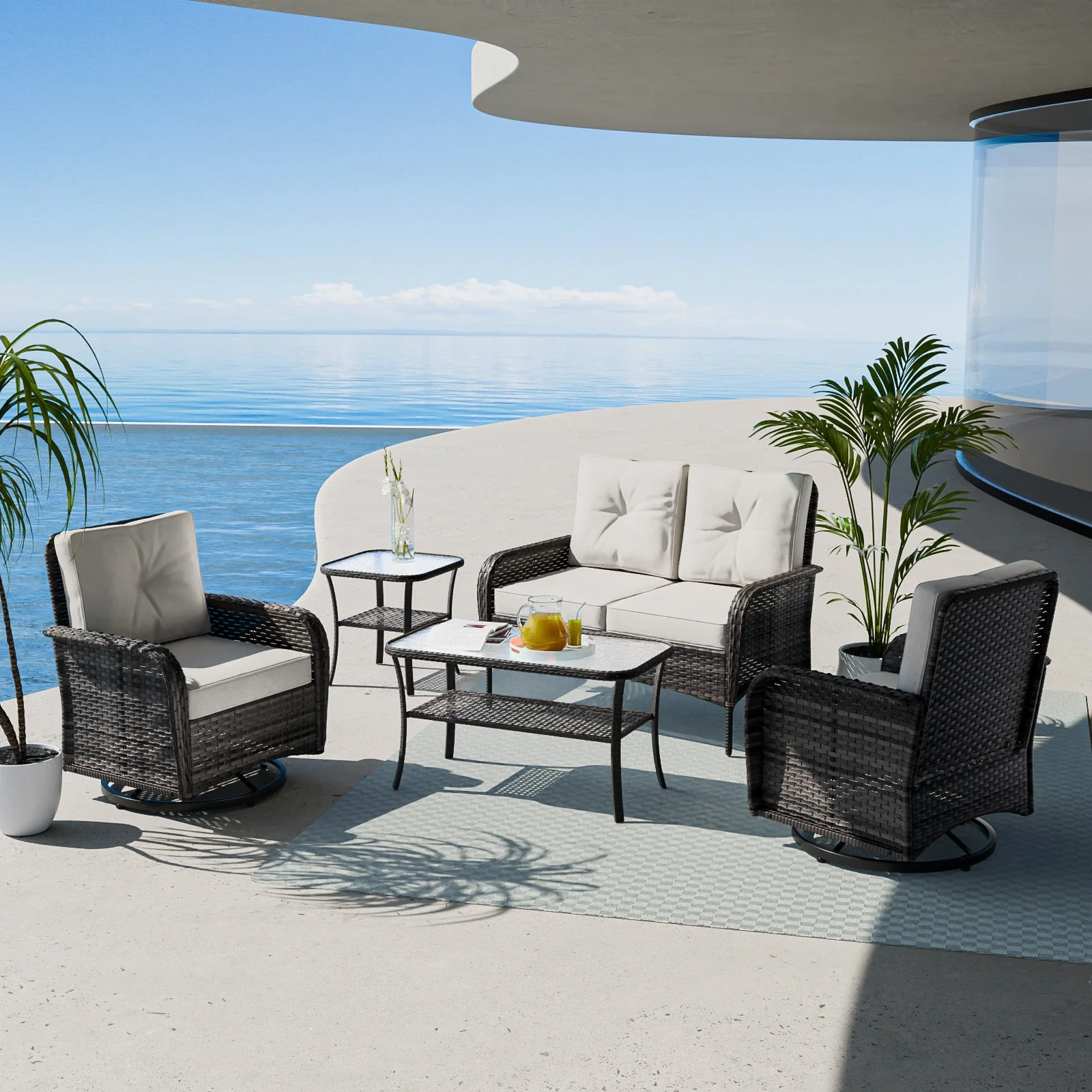 5 PCS Rustic Veranda Patio Conversation Set, Loveseat, 2 Swivel Rocker Chairs, Coffee Table and Side Table, Gray/Beige