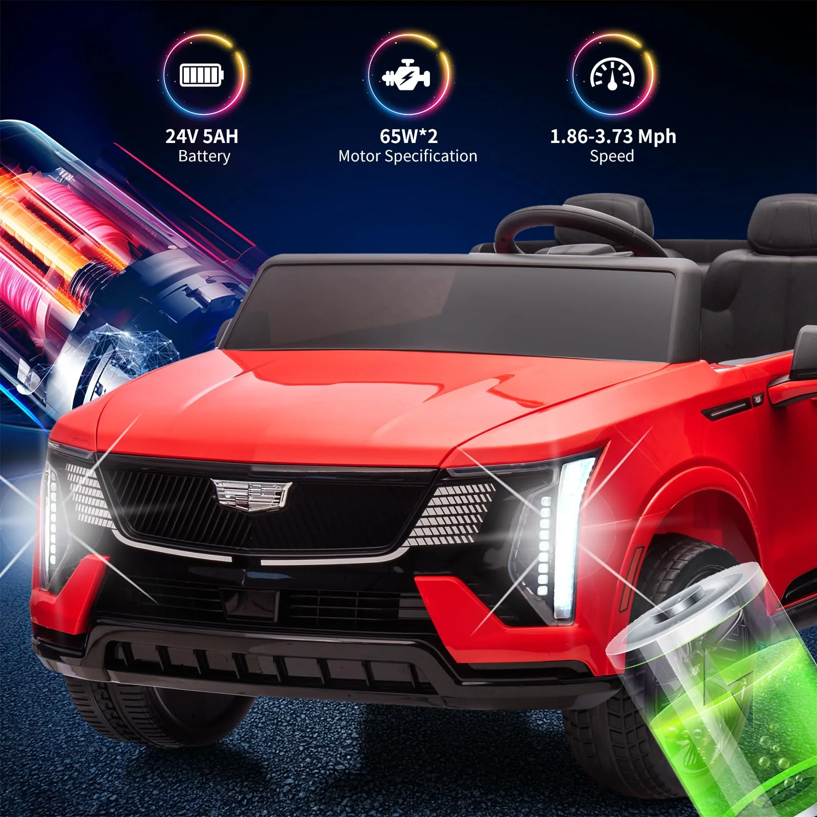 Garvee 2 Seater Ride On Car Kids 24V Electric Cadillac Battery Powered 2.4G Remote Control Full-Wheel Suspension LED Lights Music Red Outdoor Fun
