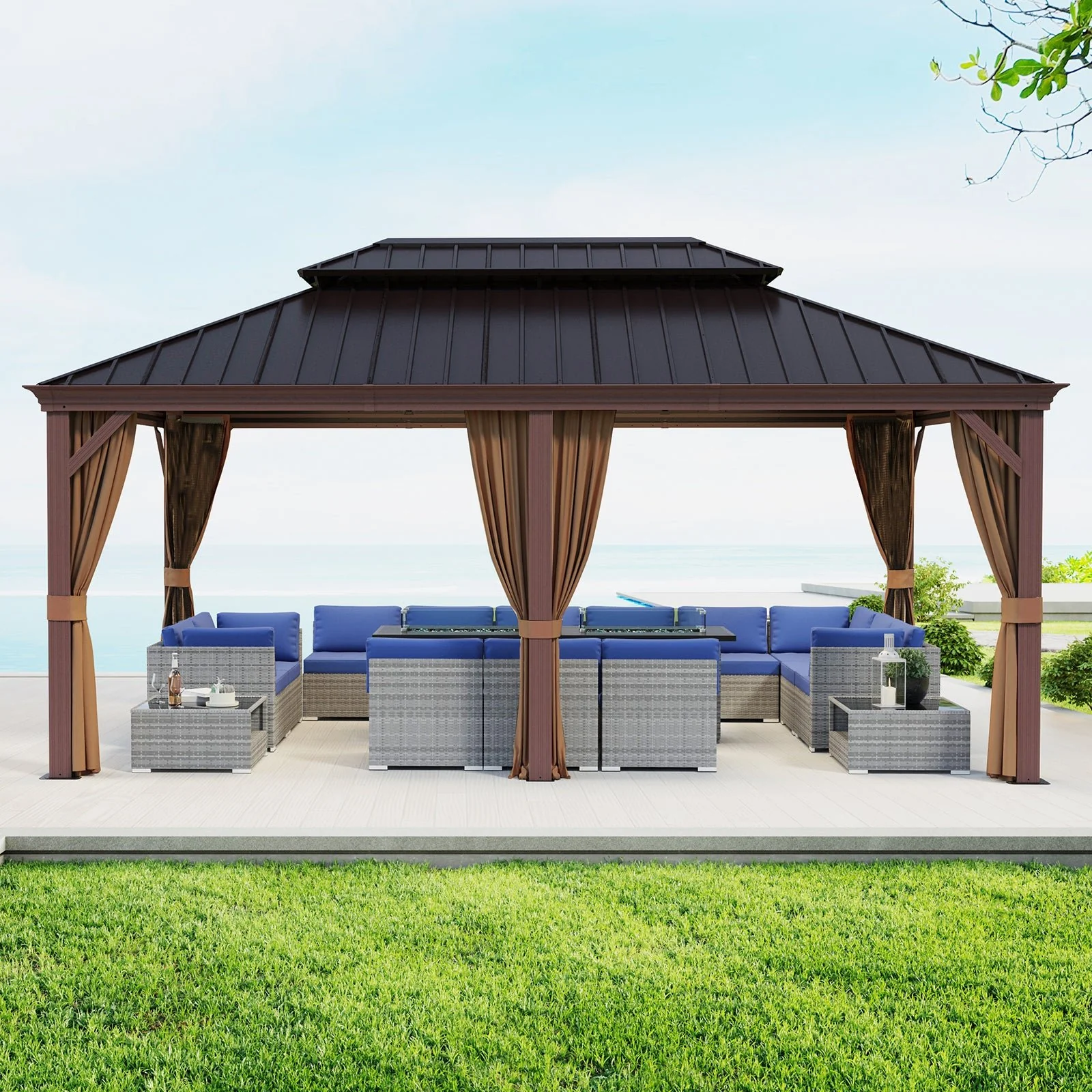 12x18 Hardtop Gazebo with Wood Grain Aluminum Frame