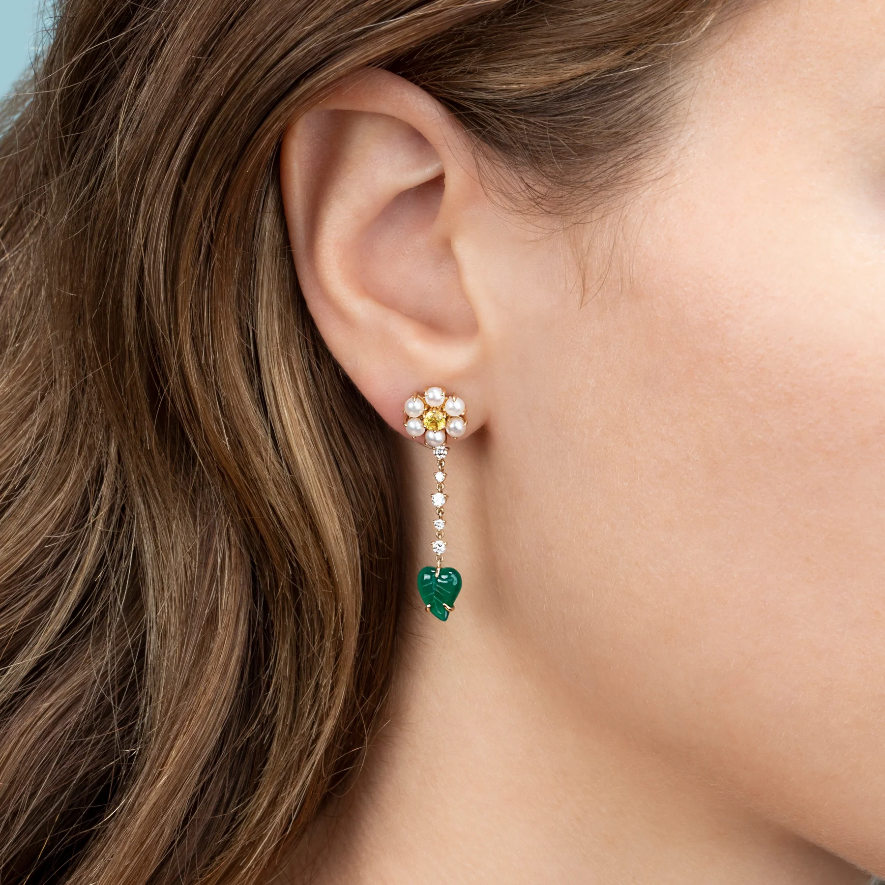 Teddy flower and Leaf Jacket - Pearl and White Diamond / 14k Yellow Gold