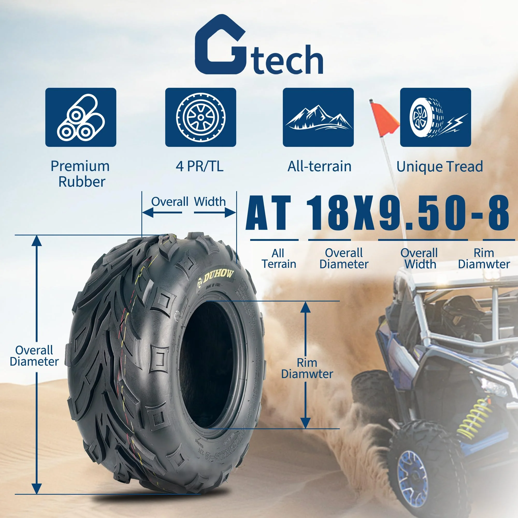 Garvee 2-Pack Sport ATV Tires 18x9.5-8, 4PR Lawn Mower Tire, Turf Tires, Sand ATV UTV Off-Road, Reinforced Sidewall, Tubeless, Durable Black