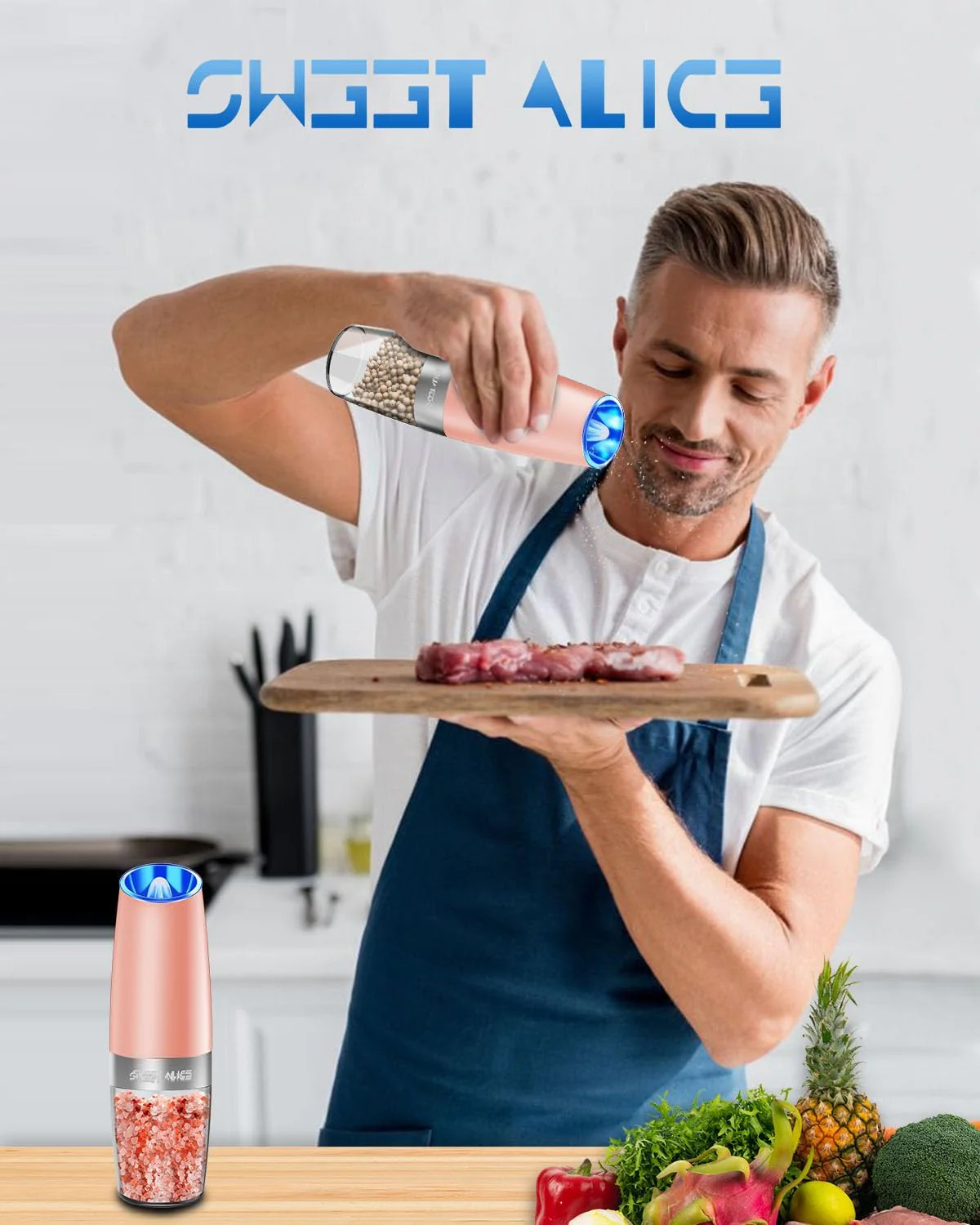 Electric Salt & Pepper Grinder Set, Adjustable Coarseness, LED, One-Hand Use, Stainless Steel 2-Pack