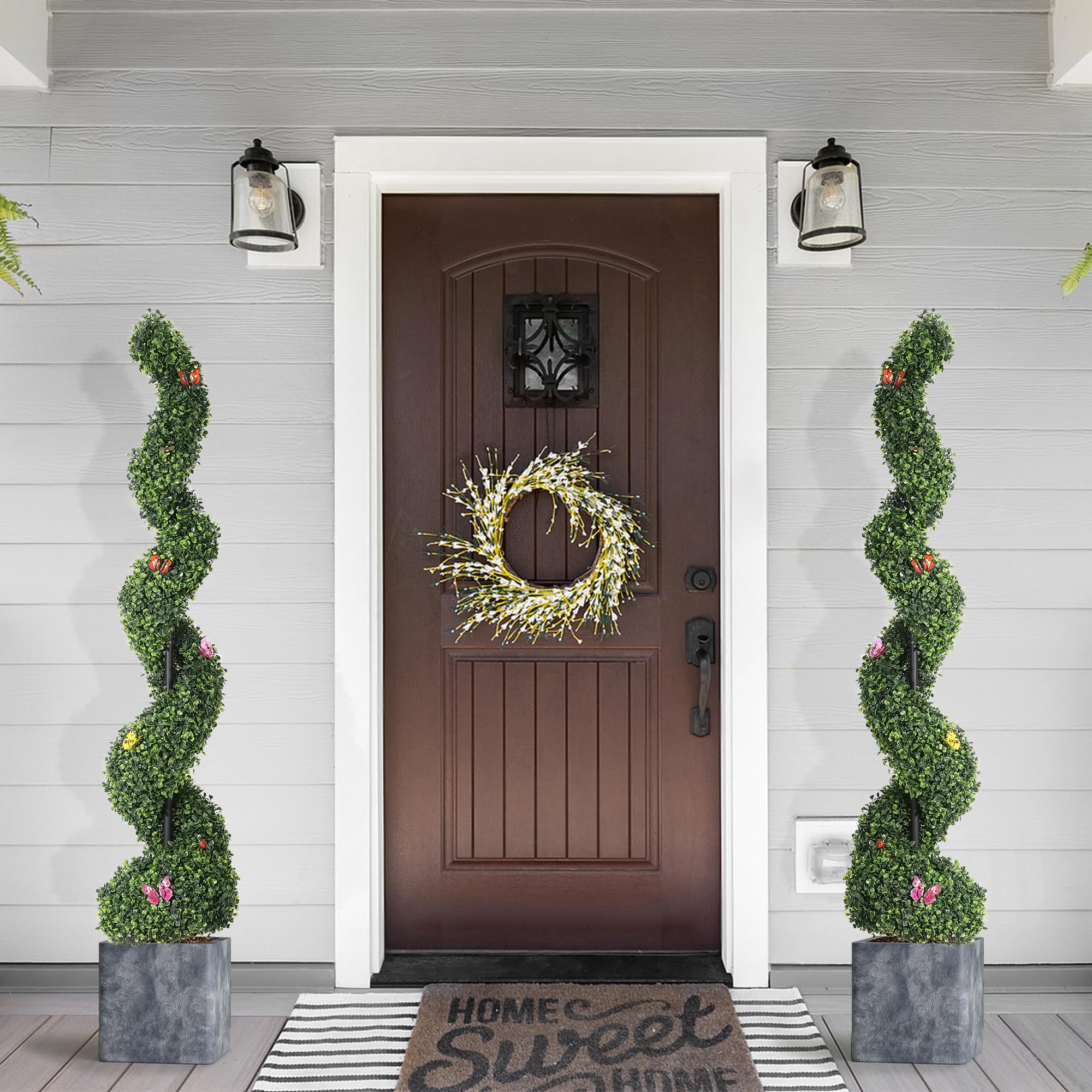 Garvee 2 PCS 5 FT Artificial Spiral Topiary Trees, UV Resistant Artificial Outdoor Plants with Straw Bag, Front Door Faux Plant, Fake Outdoor Topiary Set of 2 for Home Decor, Porch, Garden