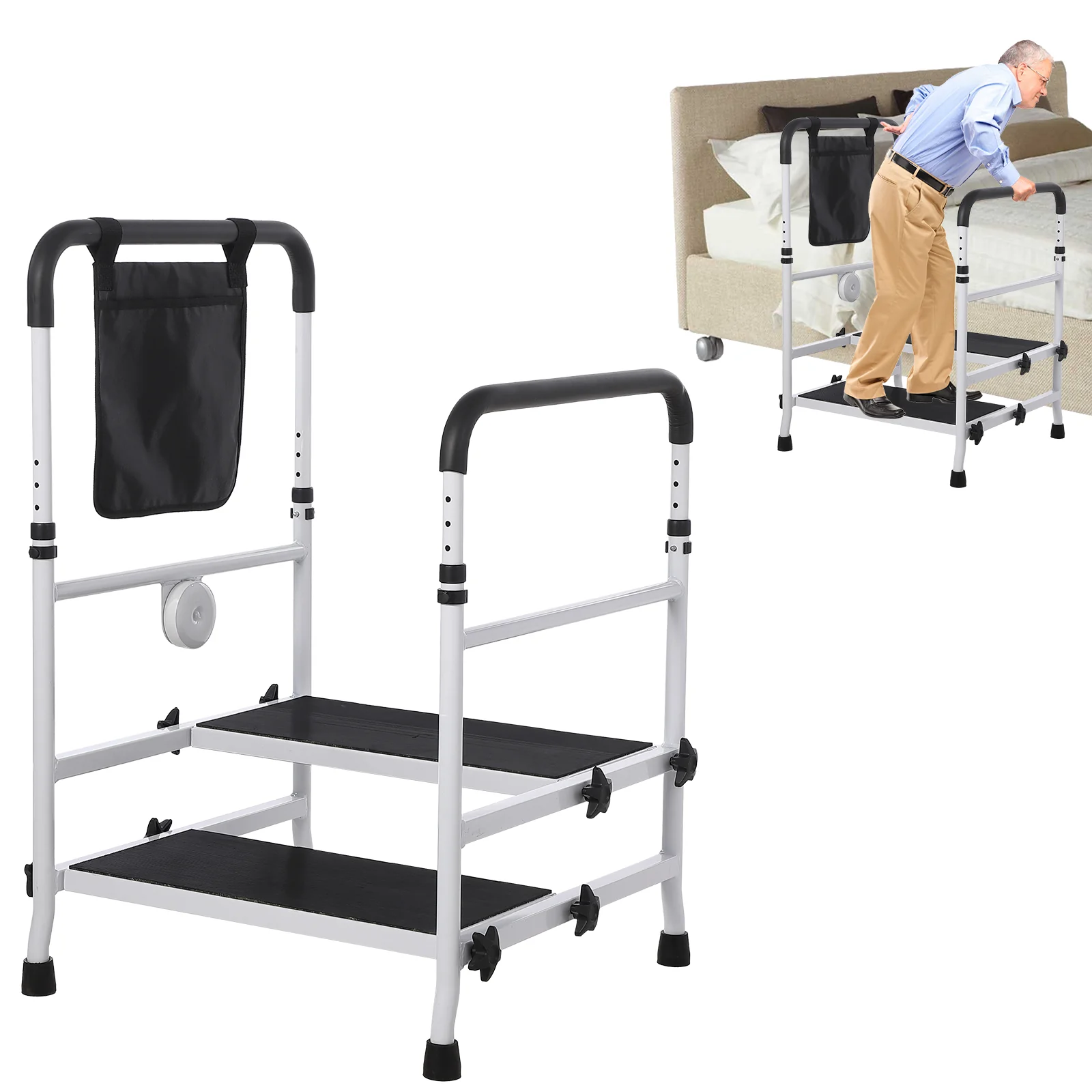 Garvee 2-Step Stool for Elderly, Bed Rails with Adjustable Height Dual Handles for Bed Safety, Bed Step Stool Rail Up to 440 Lbs with Handicap for Fall Prevention for Bedside, Bathtub, RV