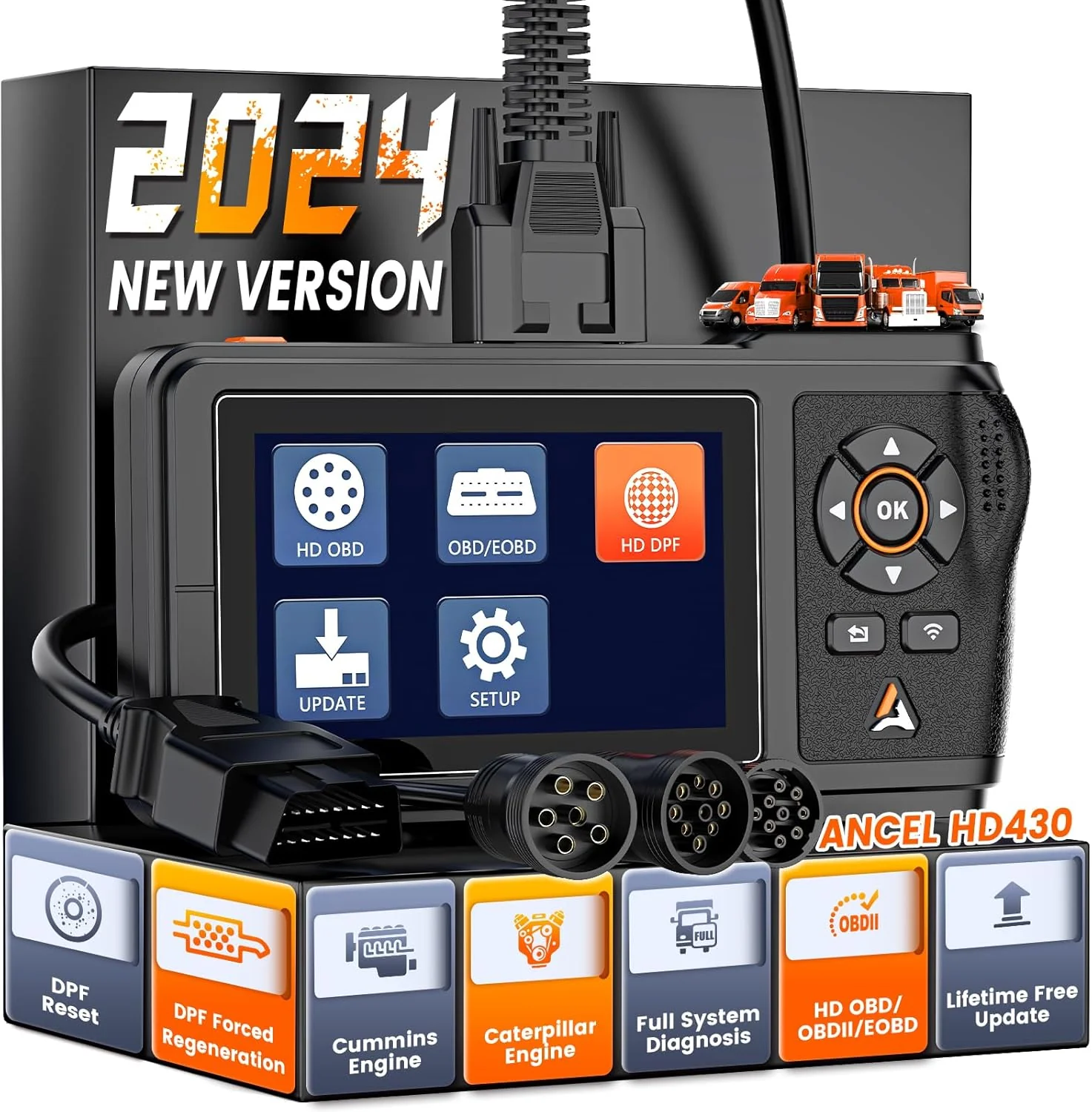 Heavy-Duty Truck Scanner for Cummins & Caterpillar, DPF Reset, Forced Regeneration, OBD2 Diagnostic Tool