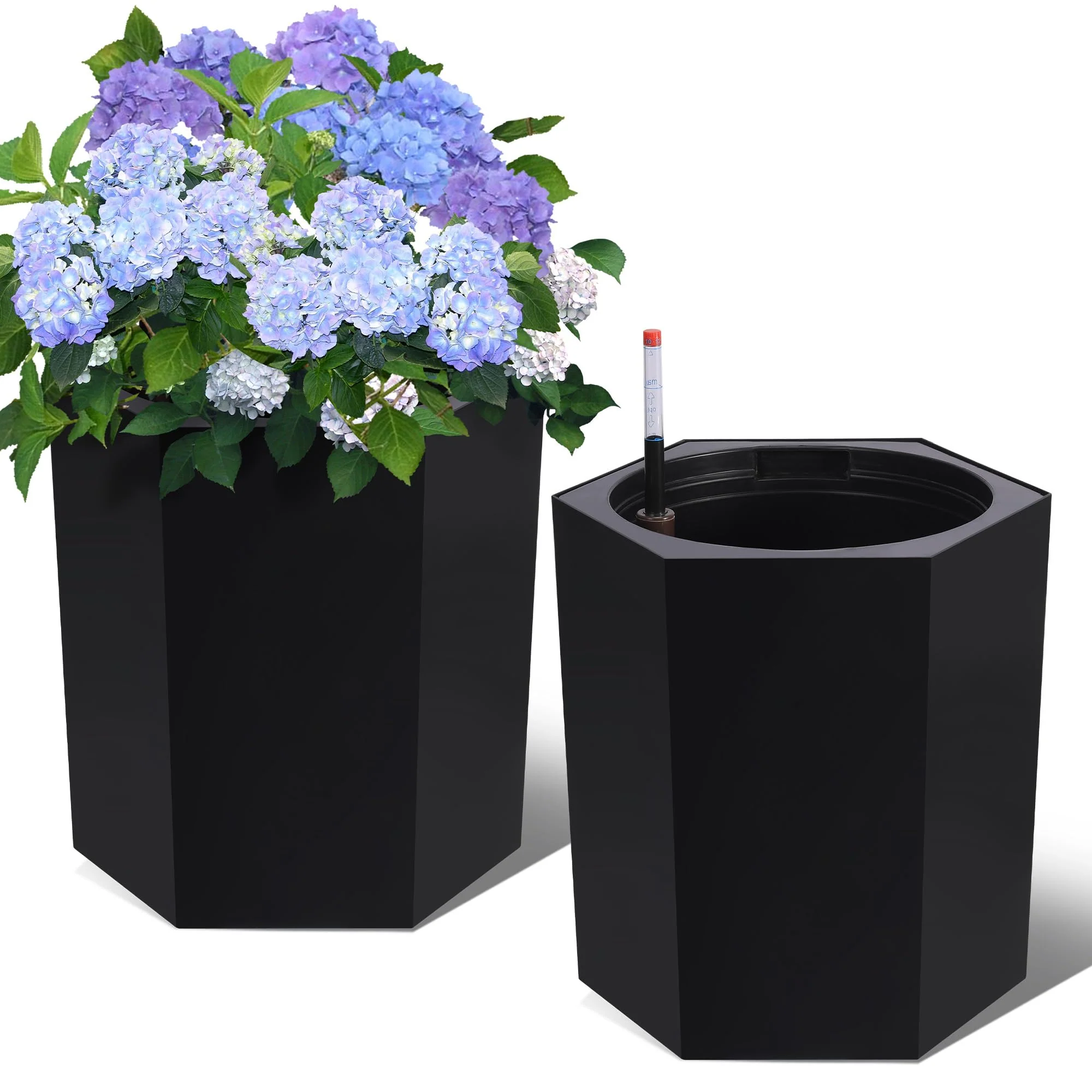 Garvee 16″ Tall Planters Outdoor Set of 2, Self Watering Indoor Plant Pots with Water Level Monitoring & Wheels & Water Outlet, Large Planter Pots for Garden, Patio, Balcony, Lounge, Black