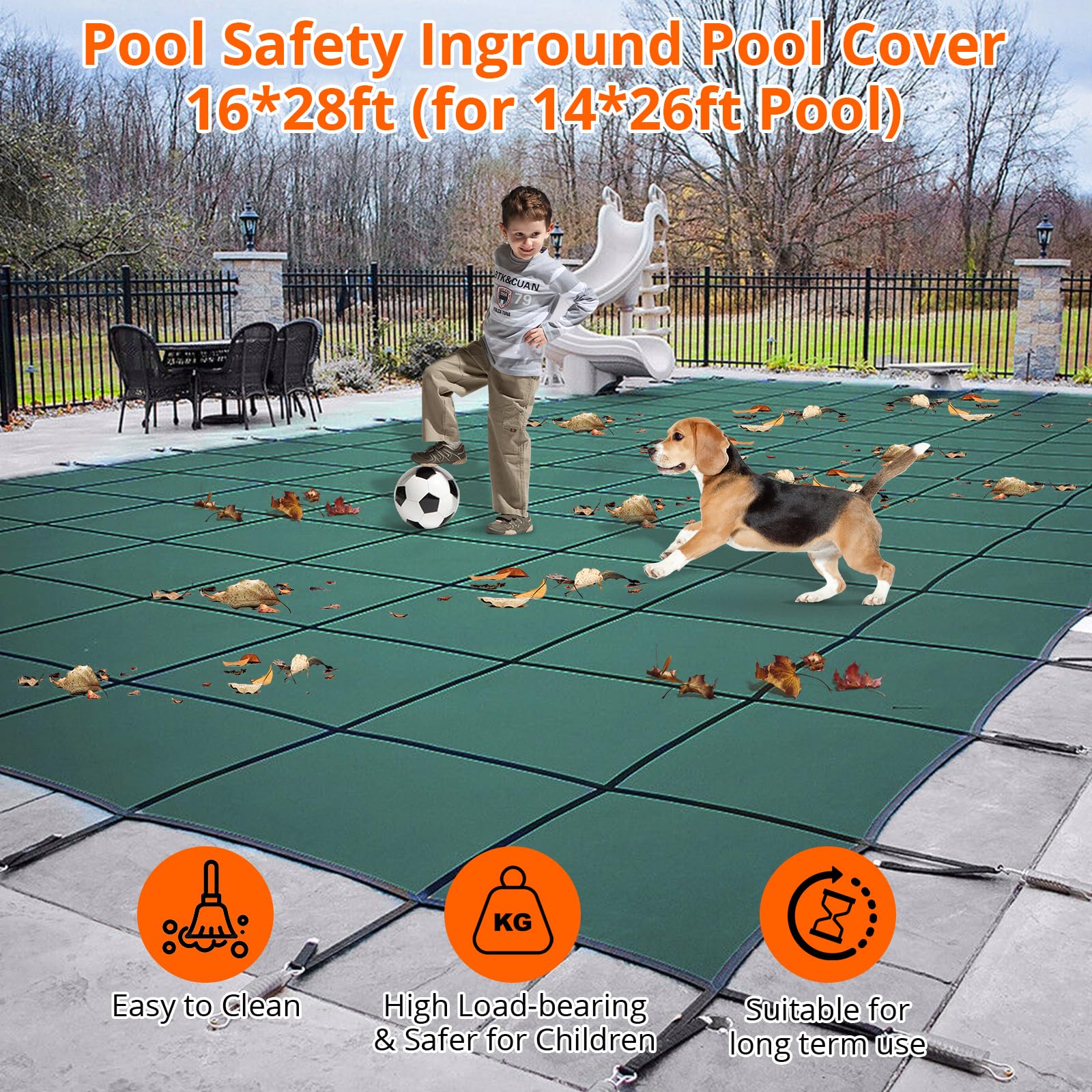 Garvee 18x34ft Inground Pool Safety Cover w/Center Steps, Ultra-Dense Net, Full Installation Kit & Anchors, Fits 16x32ft Pools