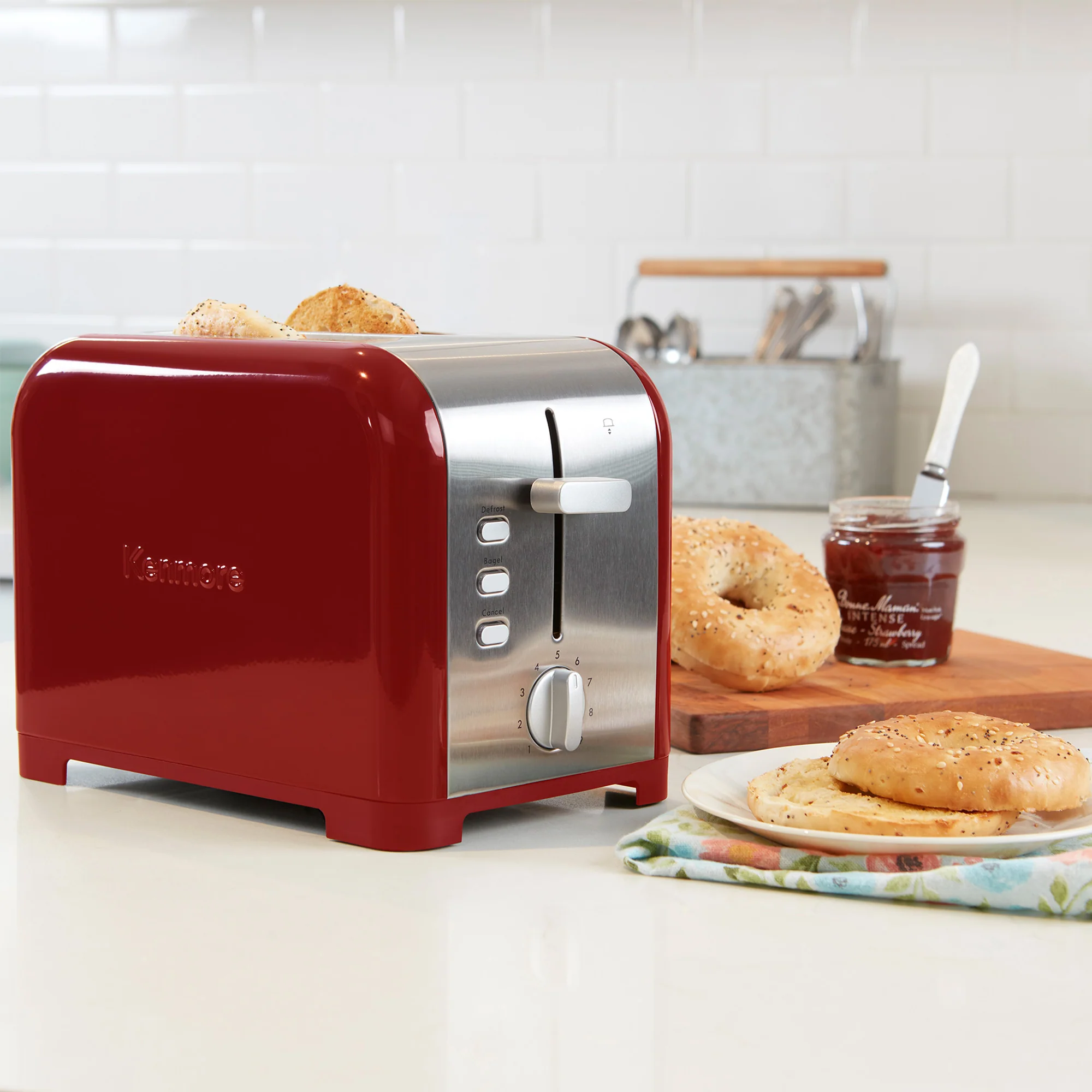 Kenmore 2-Slice Stainless Steel Toaster, Red & Silver, Extra Wide Slots, Bagel & Defrost Functions, 9 Browning Levels, Removable Crumb Tray, For Bread, Toast, English Muffin, Toaster Strudel