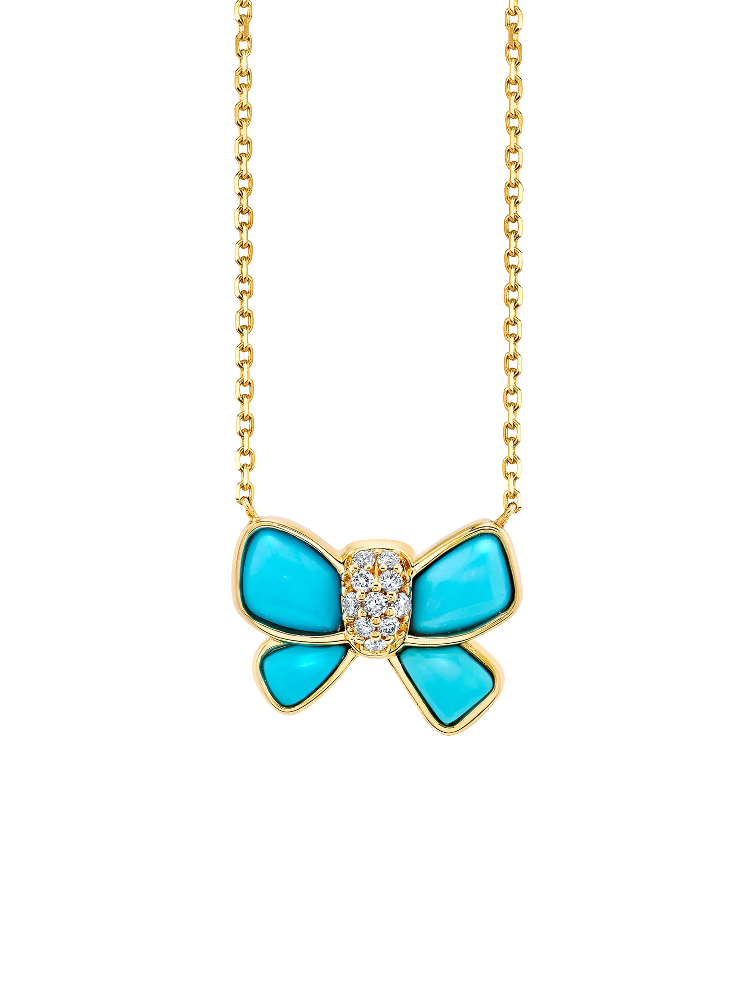 Hand Carved Bow Necklace - White Diamond and Turquoise / 14k Yellow Gold