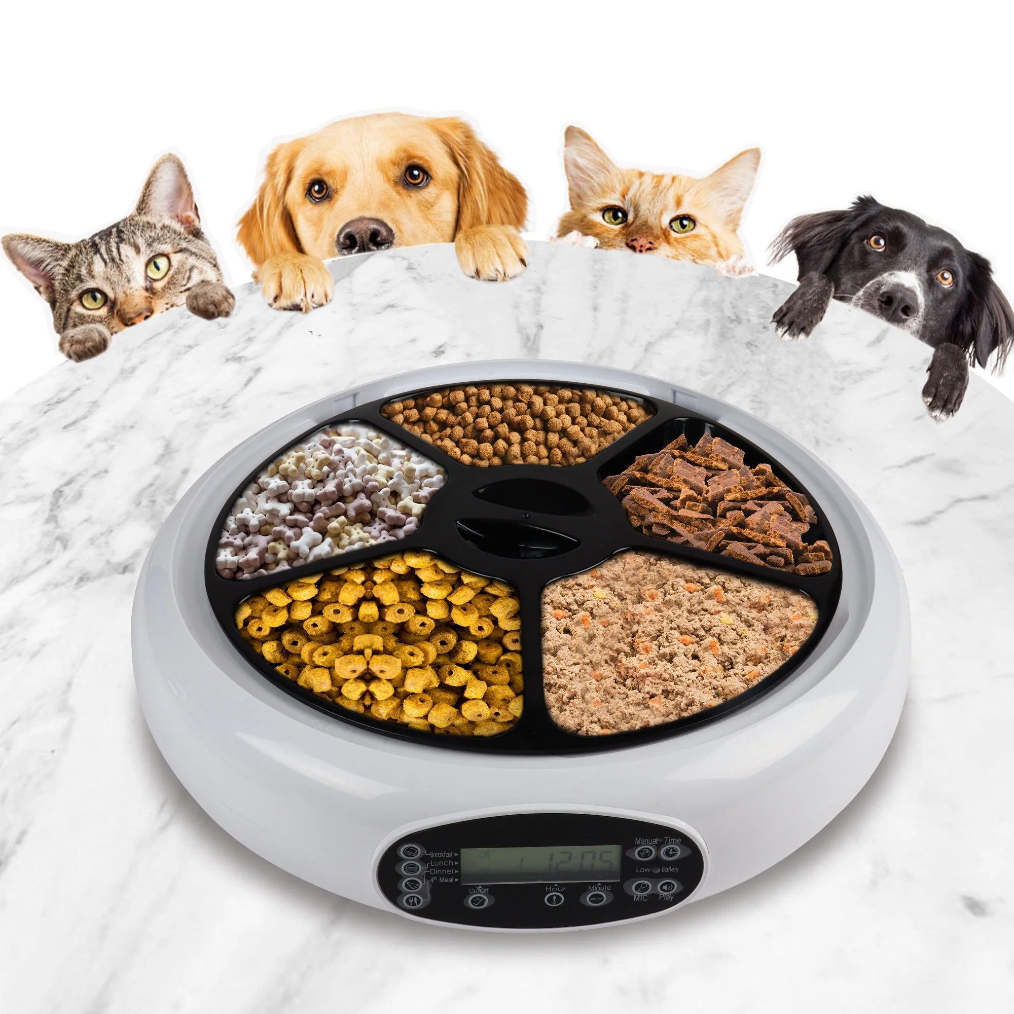 Lentek 5 Meal Automatic Pet Feeder with Voice Message, White, Timed Food Dispenser for Cat or Dog, 5 oz Compartments for Portion Control, 25 oz Total Capacity