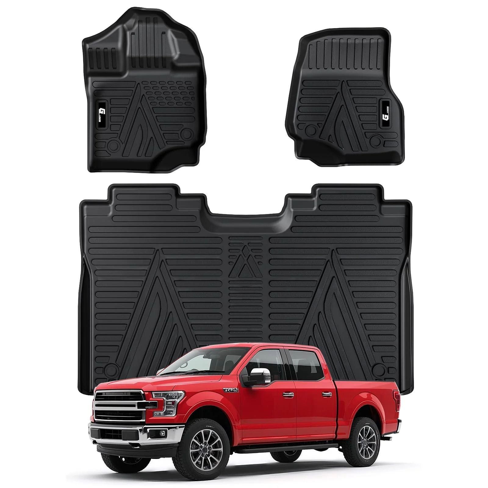 Garvee 2 TPE 3D Floor Mats for 2015-2024 Ford F-150 SuperCrew Cab, Custom Fit, All Weather, Durable, Raised Edge, Non-Slip, Black