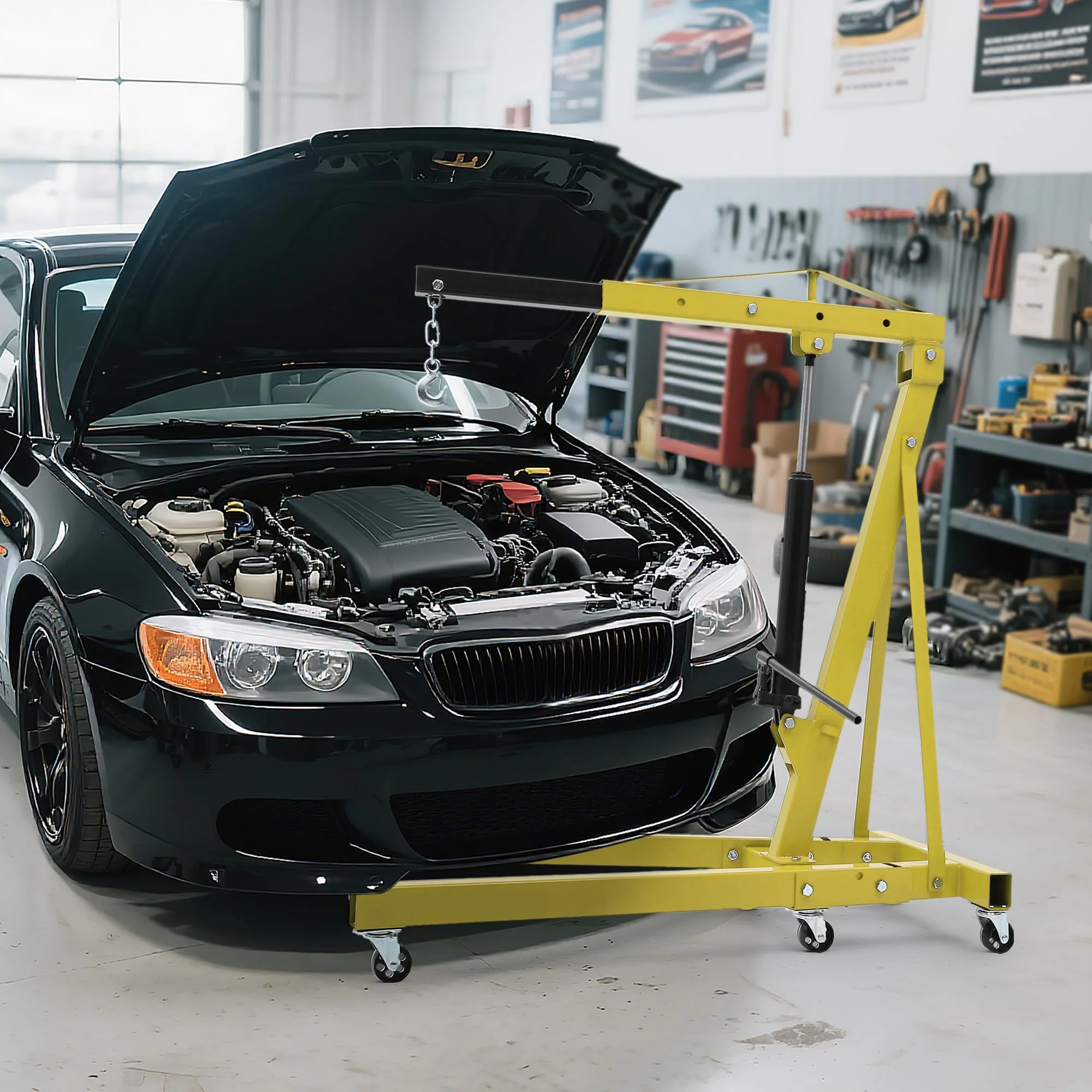 Garvee 2-Ton Folding Hydraulic Engine Hoist with 6 Casters and Telescopic Boom, Shop Crane, Engine Lift, Cherry Picker, Yellow