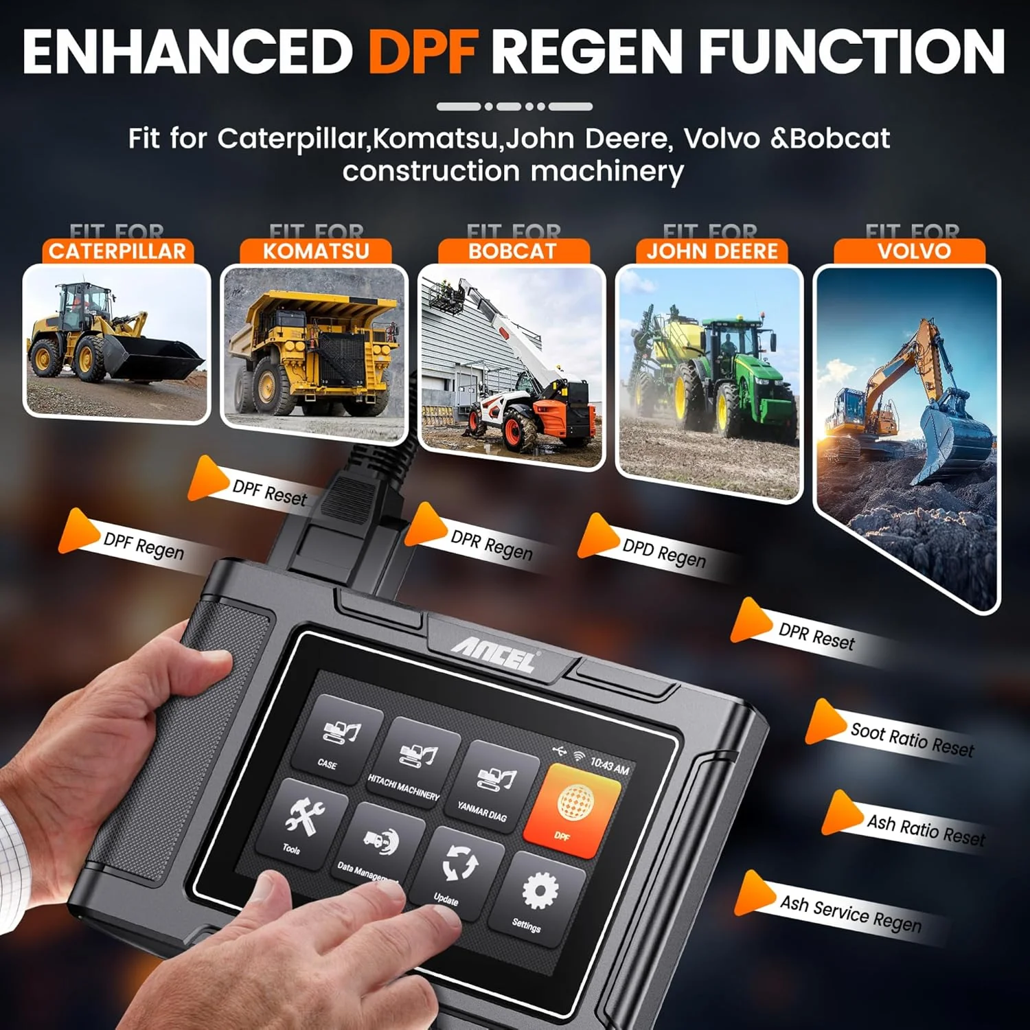 Heavy Equipment Diagnostic Tool with DPF Regen, Full System Scanner for Heavy-Duty Trucks & Machinery, Diesel Code Reader for Cummins, Caterpillar, John Deere, Komatsu, Yanmar & Case