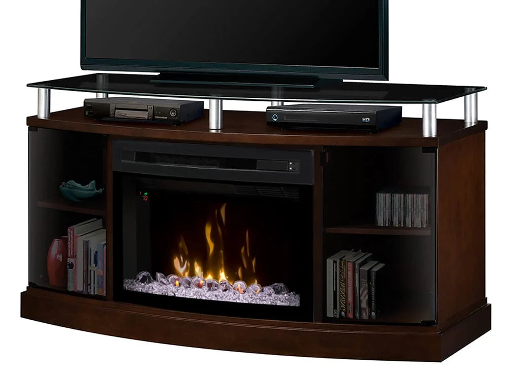 Windham Electric Fireplace Media Console in Mocha w/ Curved Firebox & Acrylic Ice