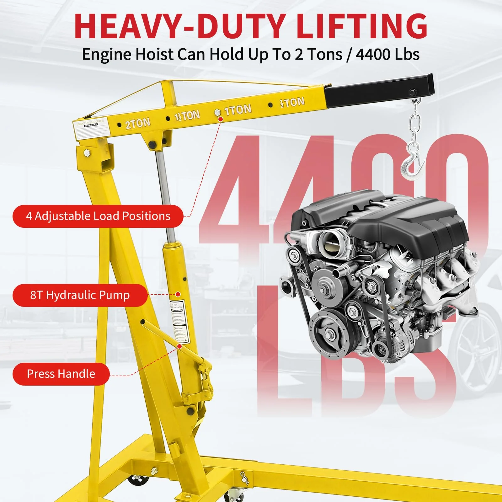 Garvee 2-Ton Folding Engine Hoist - 4400 lbs Capacity Cherry Picker Hydraulic Shop Crane with Telescoping Boom, 6 Caster Wheels, Hitch, and Storage Stand for Automotive Repair and Garage Use, Yellow
