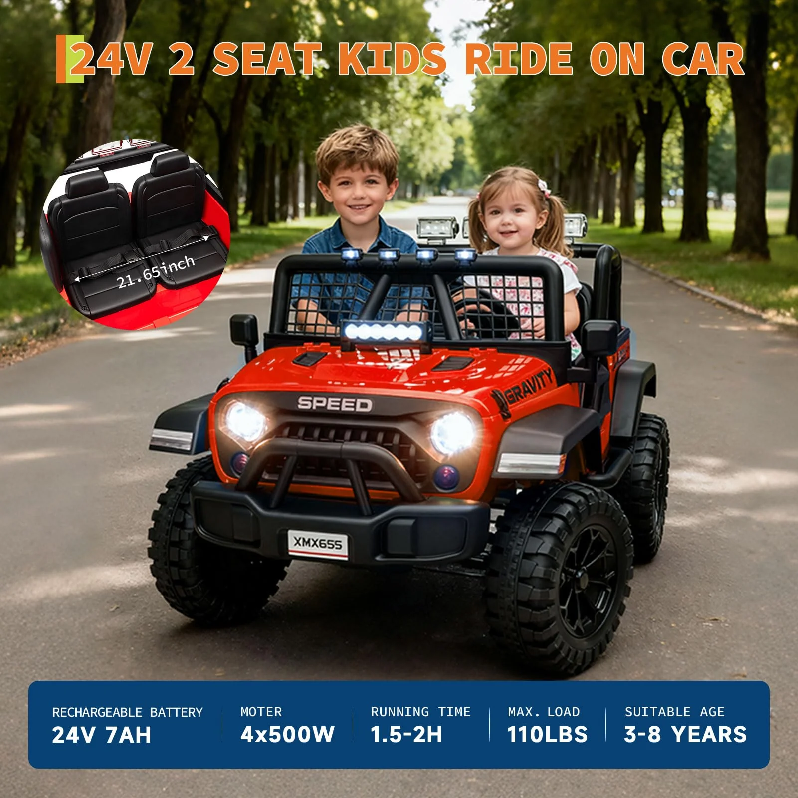 Garvee 2 Seater Ride On Car for Kids, 24V Electric Truck with Remote Control, Spring Suspension, 2 Speeds, Red, 47.2