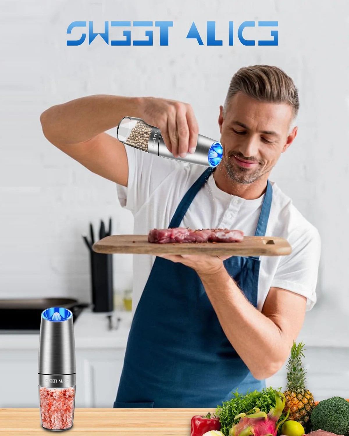 Electric Salt & Pepper Grinder Set, Adjustable Coarseness, LED, One-Hand Use, Stainless Steel 2-Pack