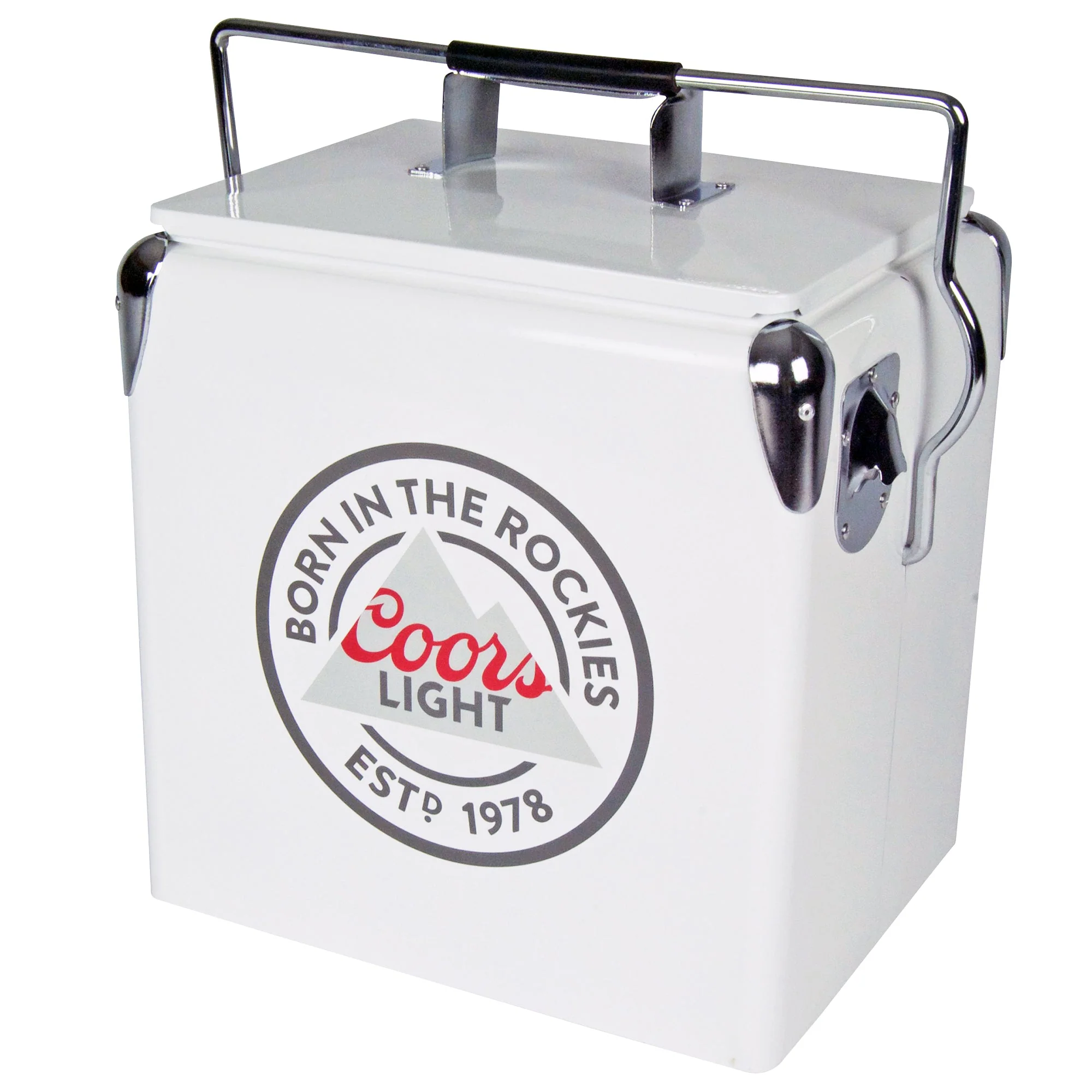 Coors Light Retro Ice Chest Cooler with Bottle Opener 13L (14 qt), 18 Can Capacity, White and Silver, Vintage Style Ice Bucket for Camping, Beach, Picnic, RV, BBQs, Tailgating, Fishing