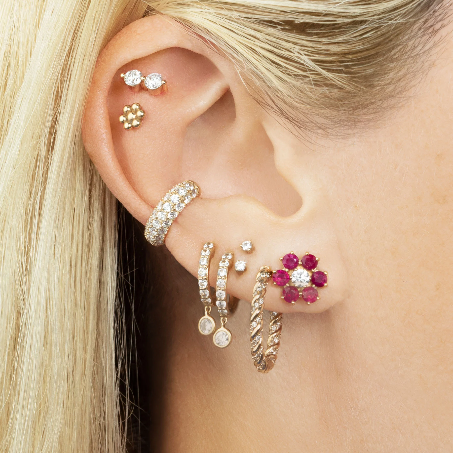 Teddy Flower Stud - Ruby / 14k Yellow Gold