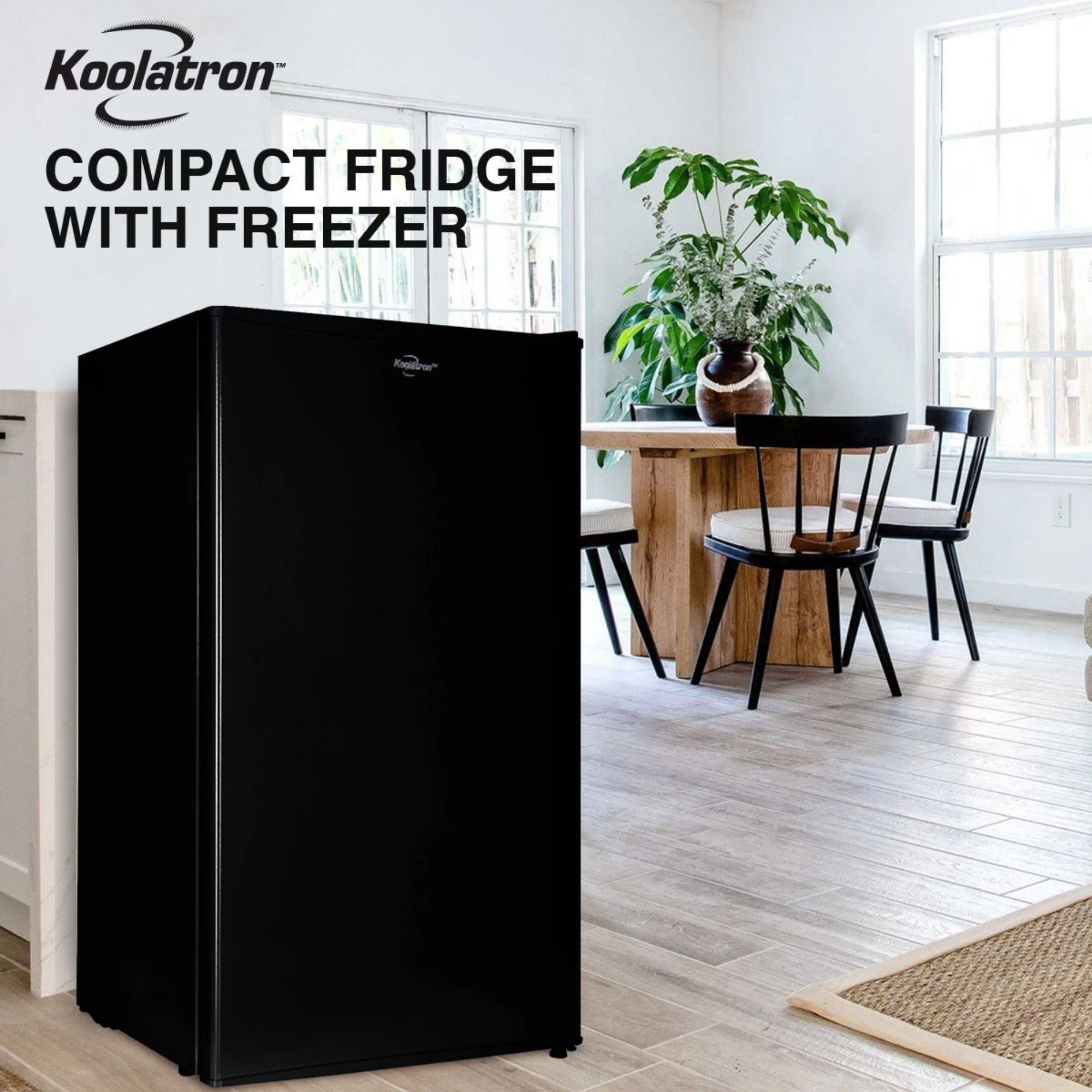 Koolatron Compact Fridge w/ Freezer, 3.2 cu ft (91L), Black, Space-Saving Flat Back Design, Reversible Door, Full-Width Freezer, Snacks, Beverages, Beer, Den, Dorm, Office, Rec Room, Home Bar