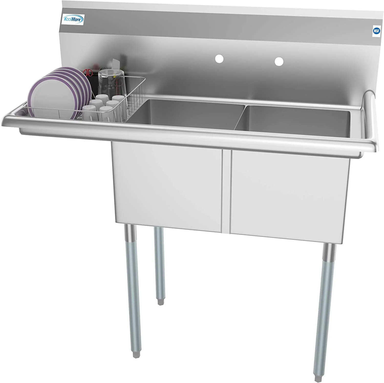 Commercial Kitchen Prep & Utility Sink with Drainboard, 2 Compartment Stainless Steel - Bowl Size 14